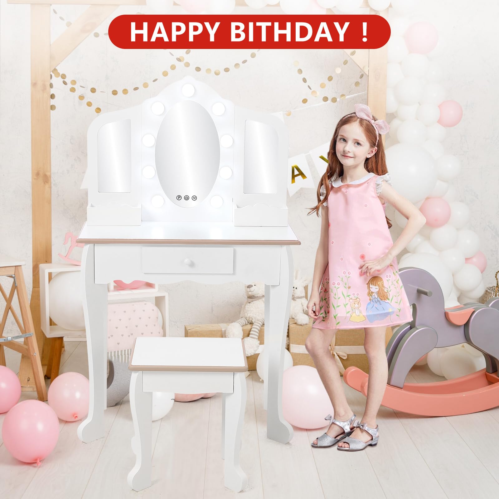 Kids Vanity Set with Light & Mirror - Wooden Princess Makeup Dressing Table with Stool, Drawer & Pretend Makeup Toys - Perfect for Girls Bedroom, Birthday Gift & Pretend Play (Batteries Not Included)