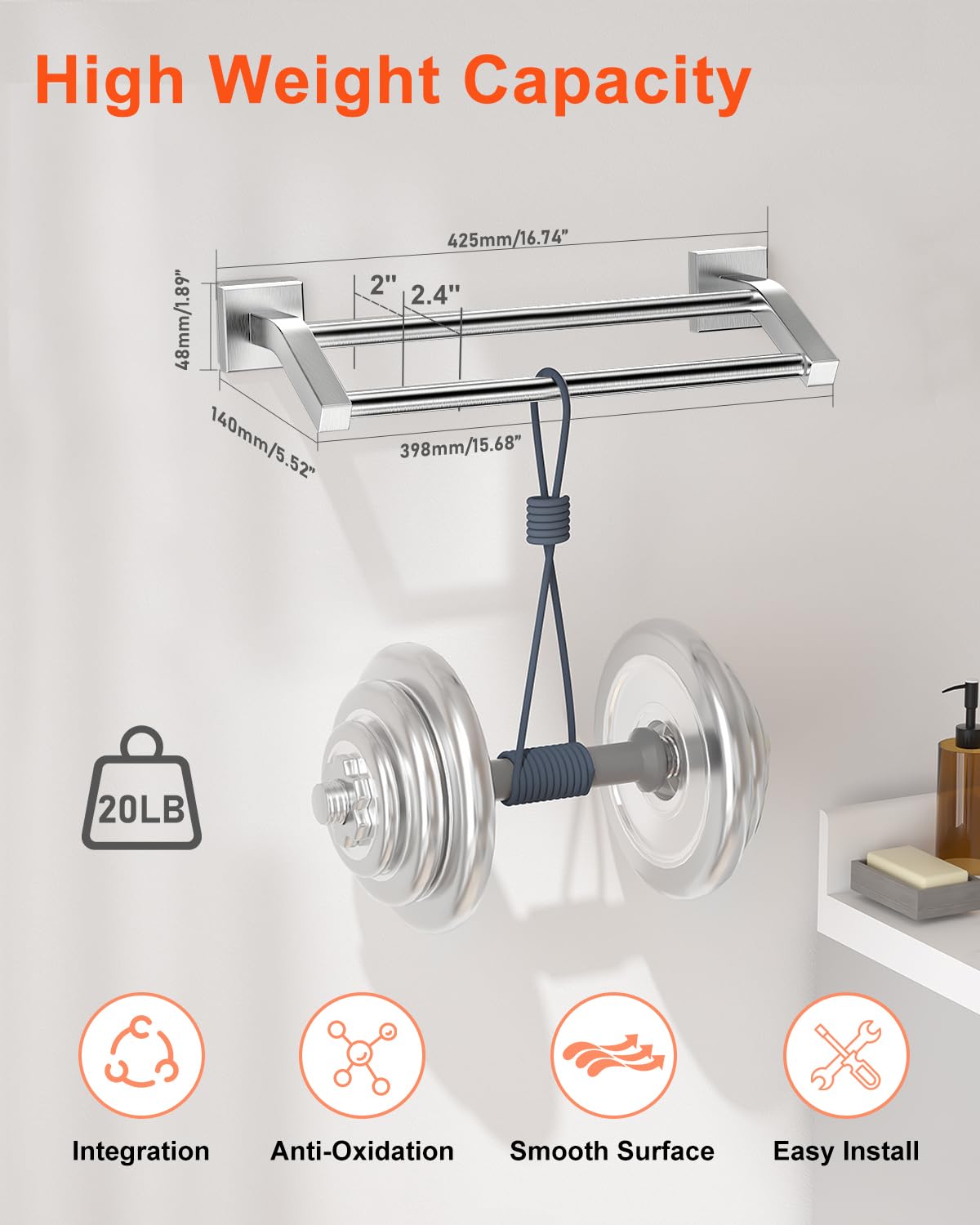 Stainless Steel Towel Bar 16 Inch - Heavy Duty SUS304 Brushed Nickel Wall Mounted Bathroom Towel Rack for Bath, Shower & Spa - Double Towel Holder Hanger with Rustproof Design