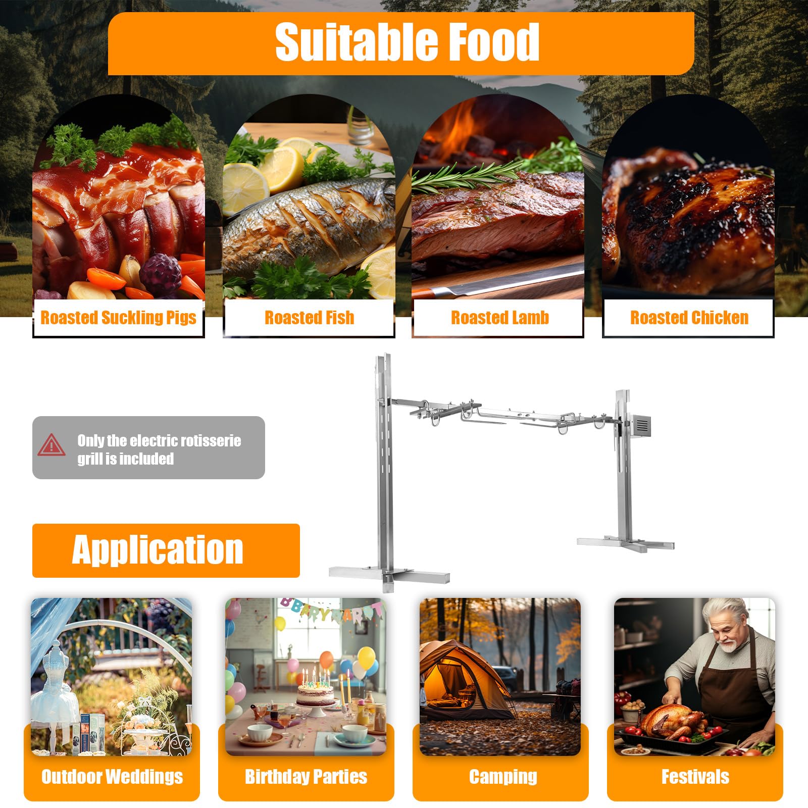 Electric Rotisserie Grill Roaster - 15W Motor, 70KG Capacity, Stainless Steel for Pig, Chicken, Lamb - Perfect for BBQ, Camping, Picnic & Outdoor Cooking