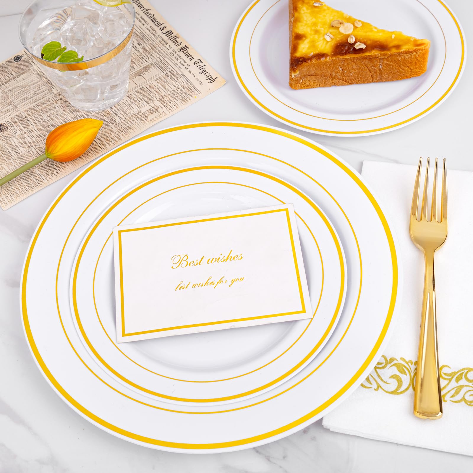 350-Piece Gold Disposable Dinnerware Set for 50 Guests - 100 Plastic Plates, 50 Paper Napkins, 50 Cups & 50 Silverware - Elegant Party & Wedding Tableware for Banquets, Bridal Showers, Anniversary Celebrations and Special Events