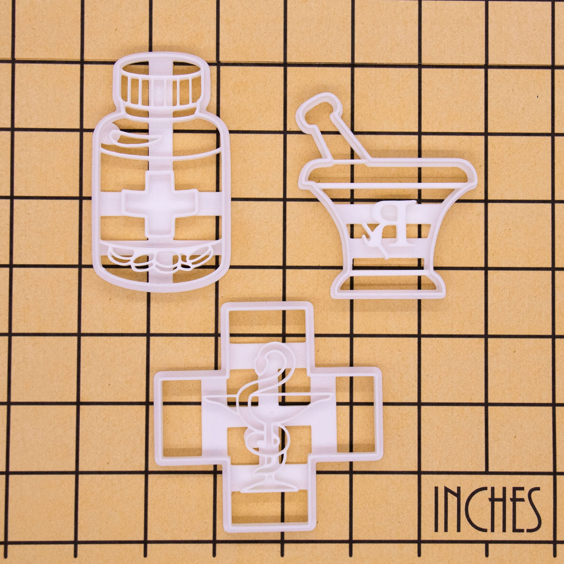 Set of 3 Pharmacy-Themed Cookie Cutters - Pill Bottle, Mortar & Pestle, Pharmacy Logo | 3-Piece Baking Tools for Medical-Themed Cookies, Pharmacist Gifts & Healthcare Party Decorations