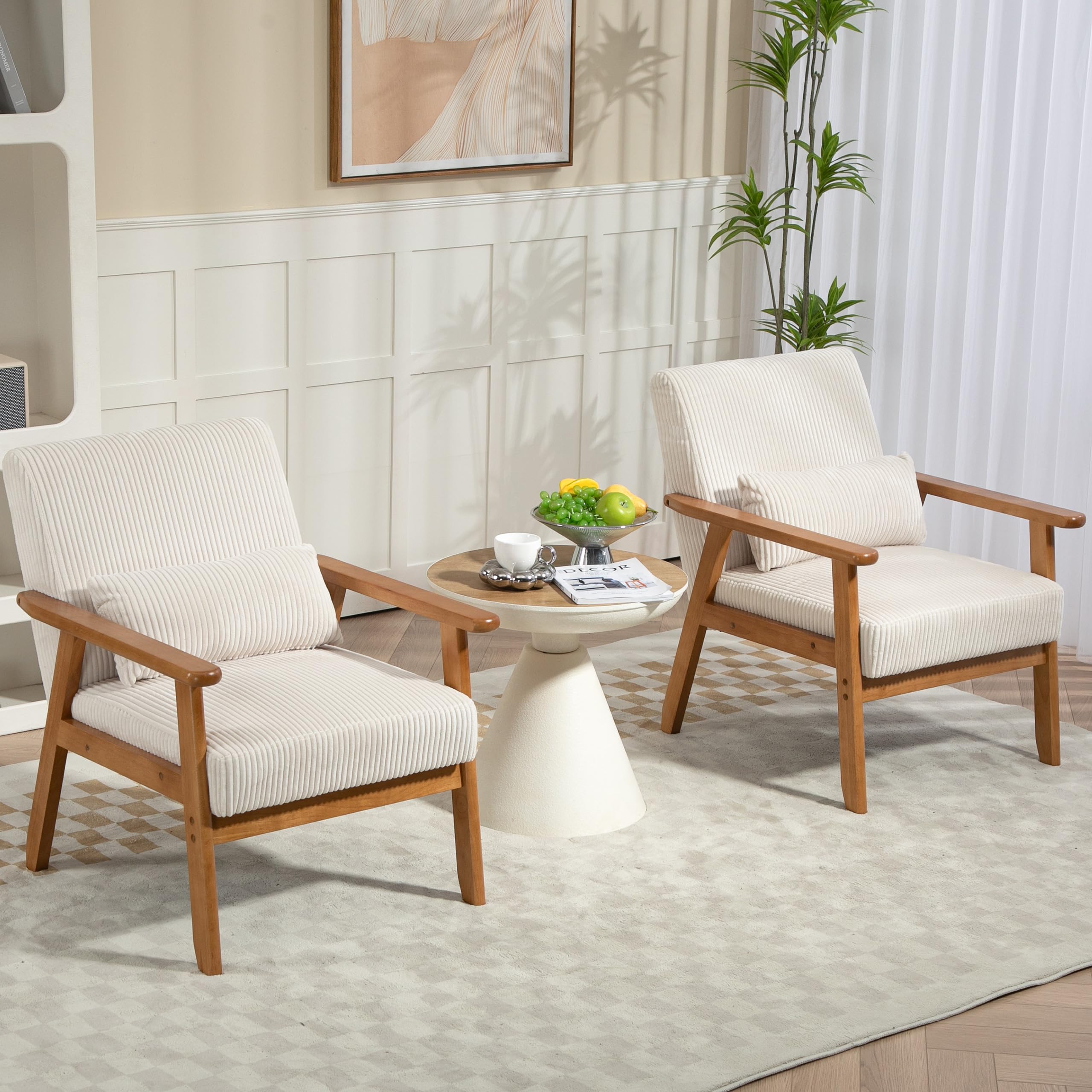 Modern Accent Chair Set of 2 - Wooden Legs & Wide Armrest Corduroy Lounge Chairs with Lumbar Support Pillow - Beige Living Room, Bedroom, Office & Balcony Seating for Relaxation & Stylish Home Decor