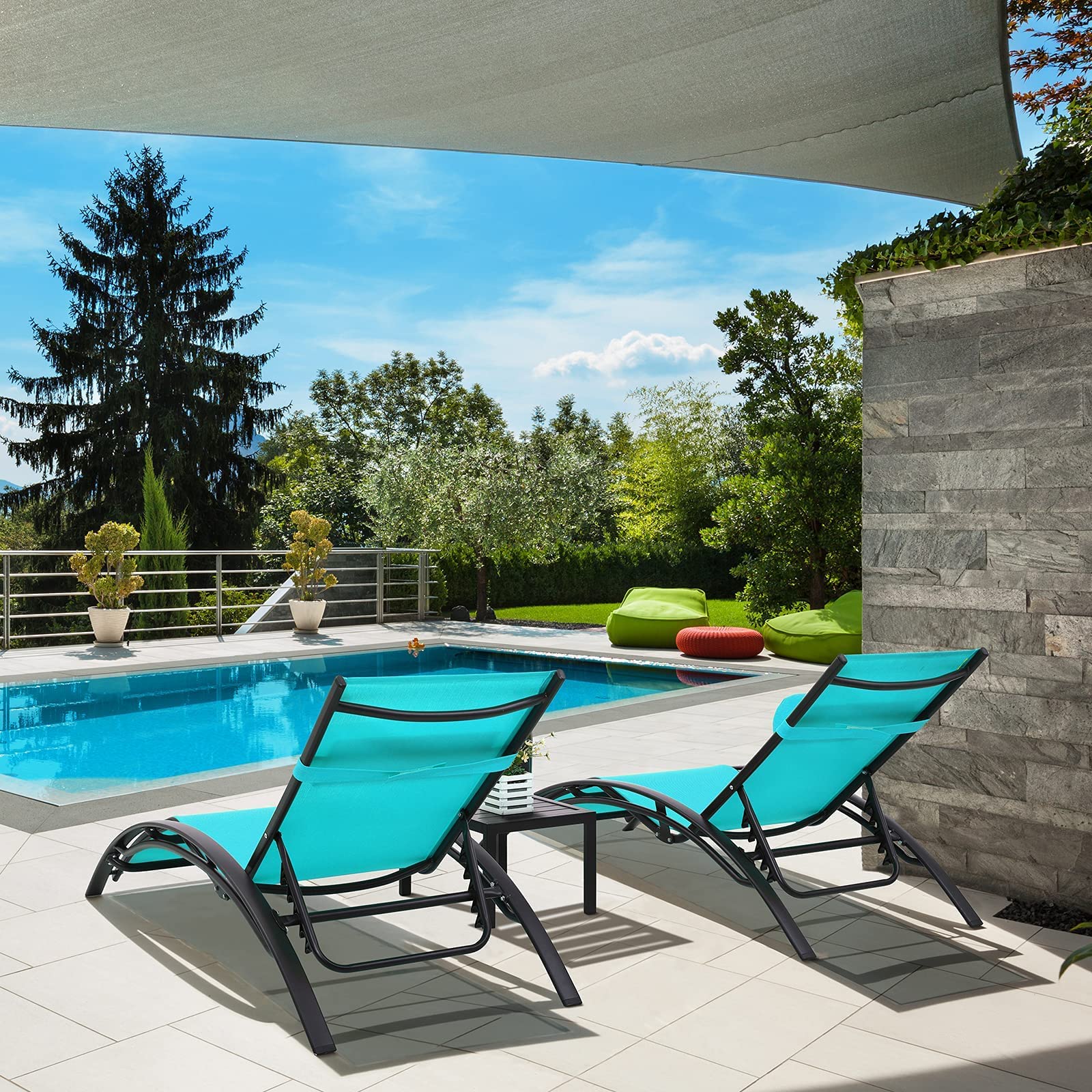 **AthLike 3-Piece Patio Chaise Lounge Set with Headrest & Side Table - 5-Level Adjustable Sunbathing Recliner for Poolside, Beach & Outdoor Relaxation (Blue)**