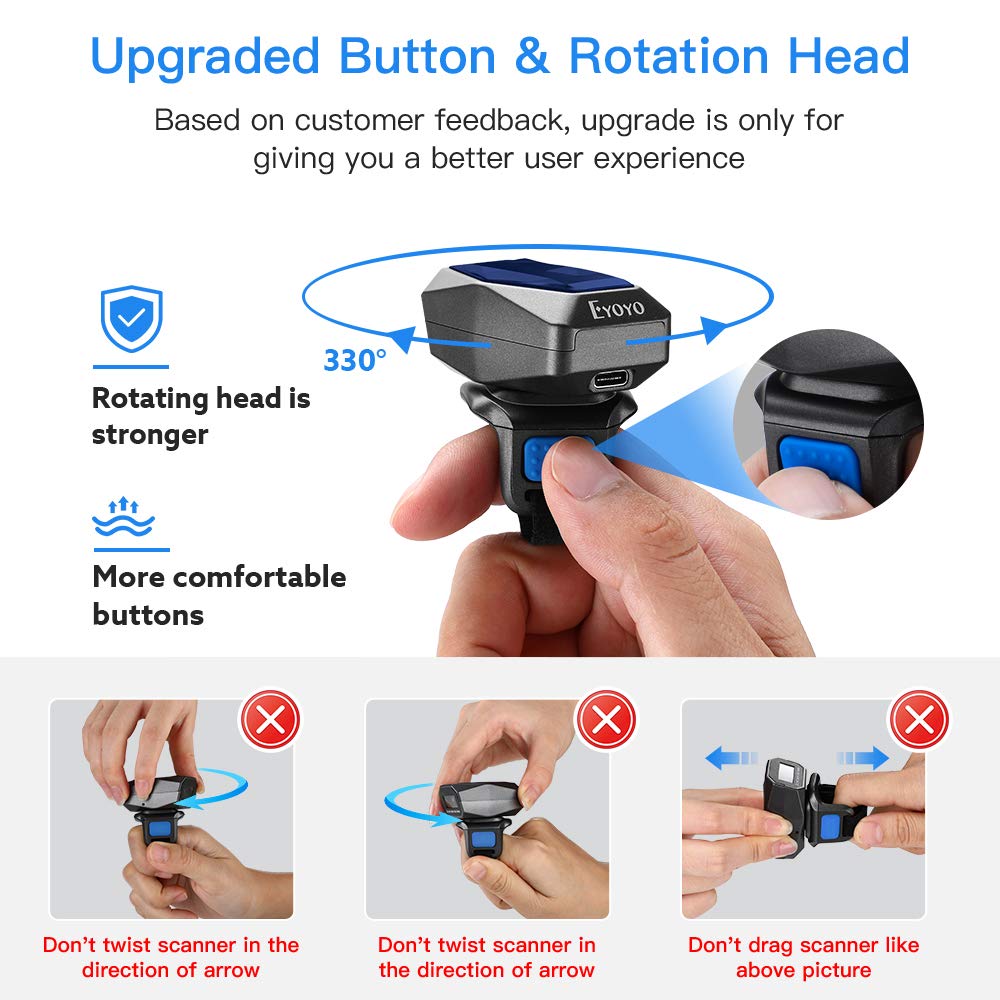 Eyoyo Upgraded 2D Ring Barcode Scanner - Bluetooth, USB Wired & 2.4G Wireless Wearable Mini Barcode Reader for 1D/2D QR Codes, Data Matrix, PDF417 - Compatible with iPhone, Android, Tablet, PC - Perfect for Retail, Warehouse, Inventory Management & Mobile POS Systems