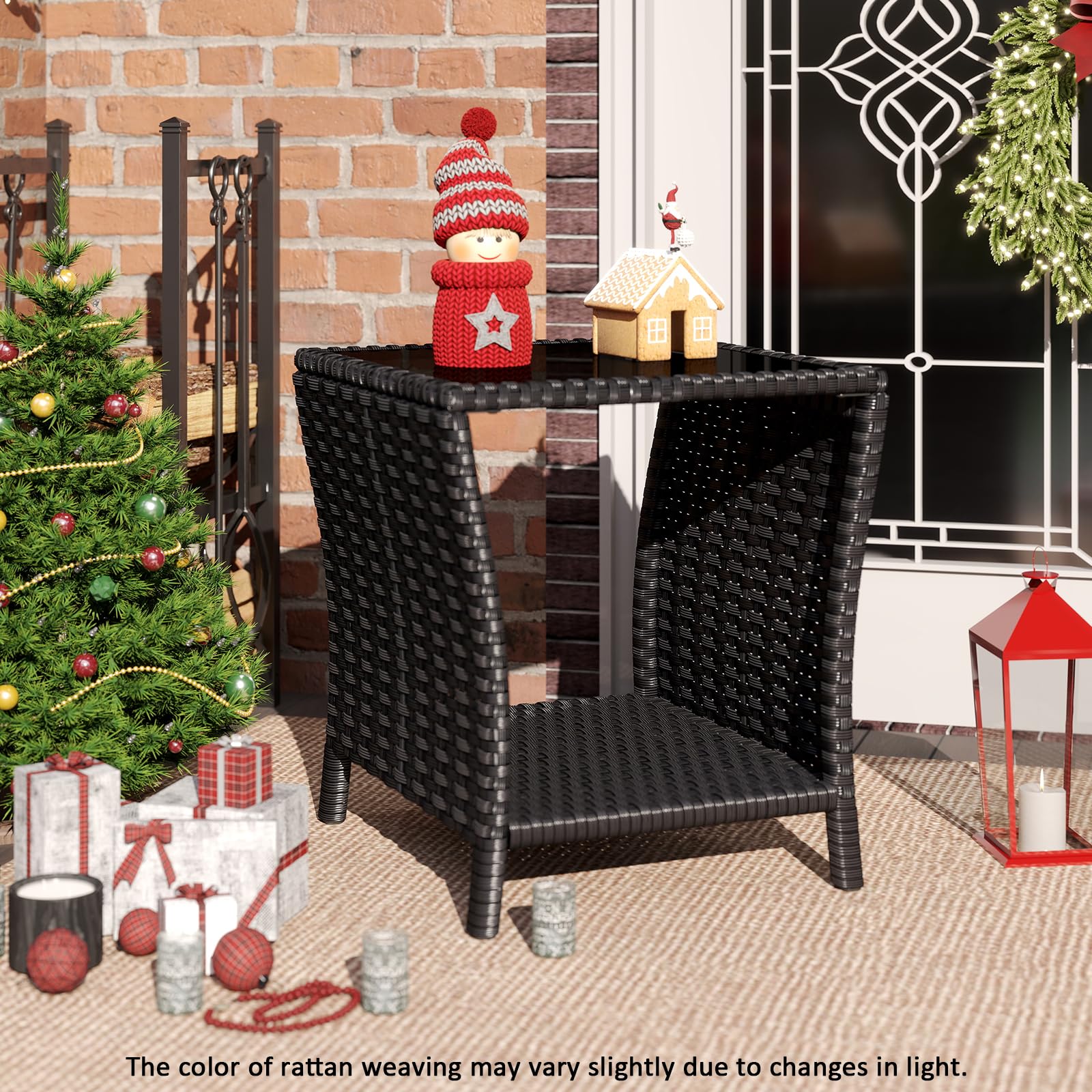 Black Wicker Rattan Side Table with Glass Top - Outdoor Patio Garden Furniture