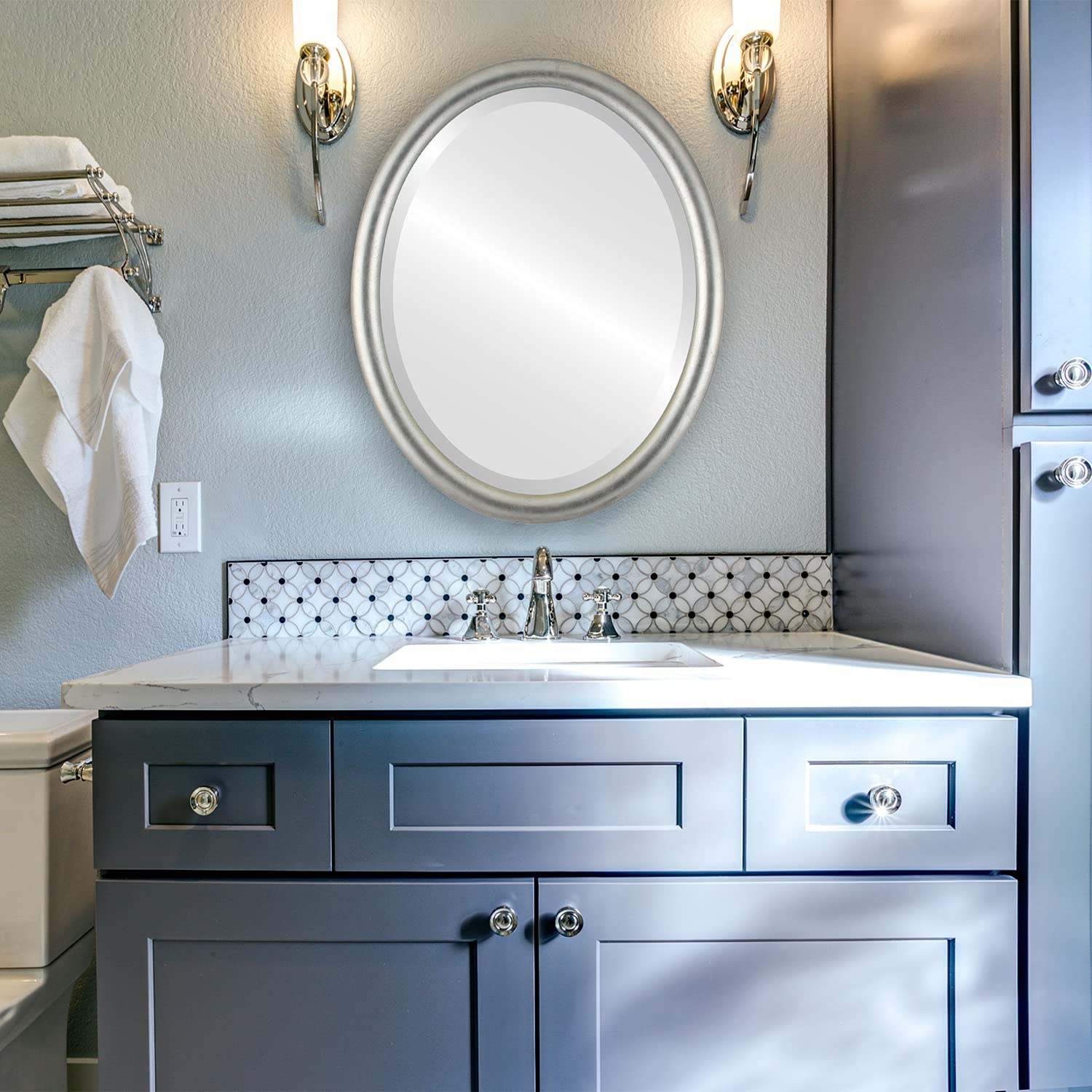 Oval Wooden Beveled Wall Mirror - Silver Leaf with Black Antique Finish - 14x18 Inches - Perfect for Bathroom Vanity, Bedroom, Living Room & Hallway Decor - Home & Office Wall Mirror