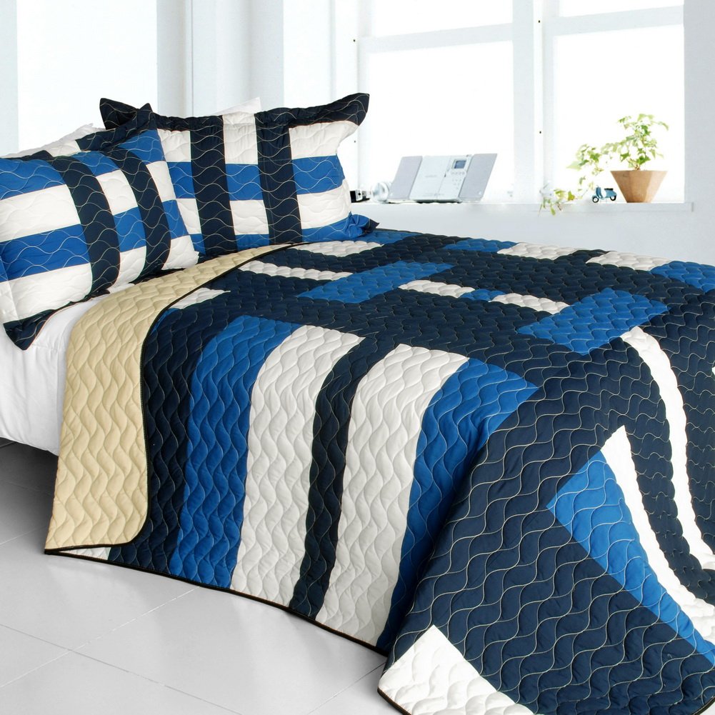 Waves Axero Geometric Quilt Set - Vermicelli Quilted Patchwork Bedding for Full/Queen Size | Modern Boho Bedroom Decor for Cozy Nights & Guest Room Styling