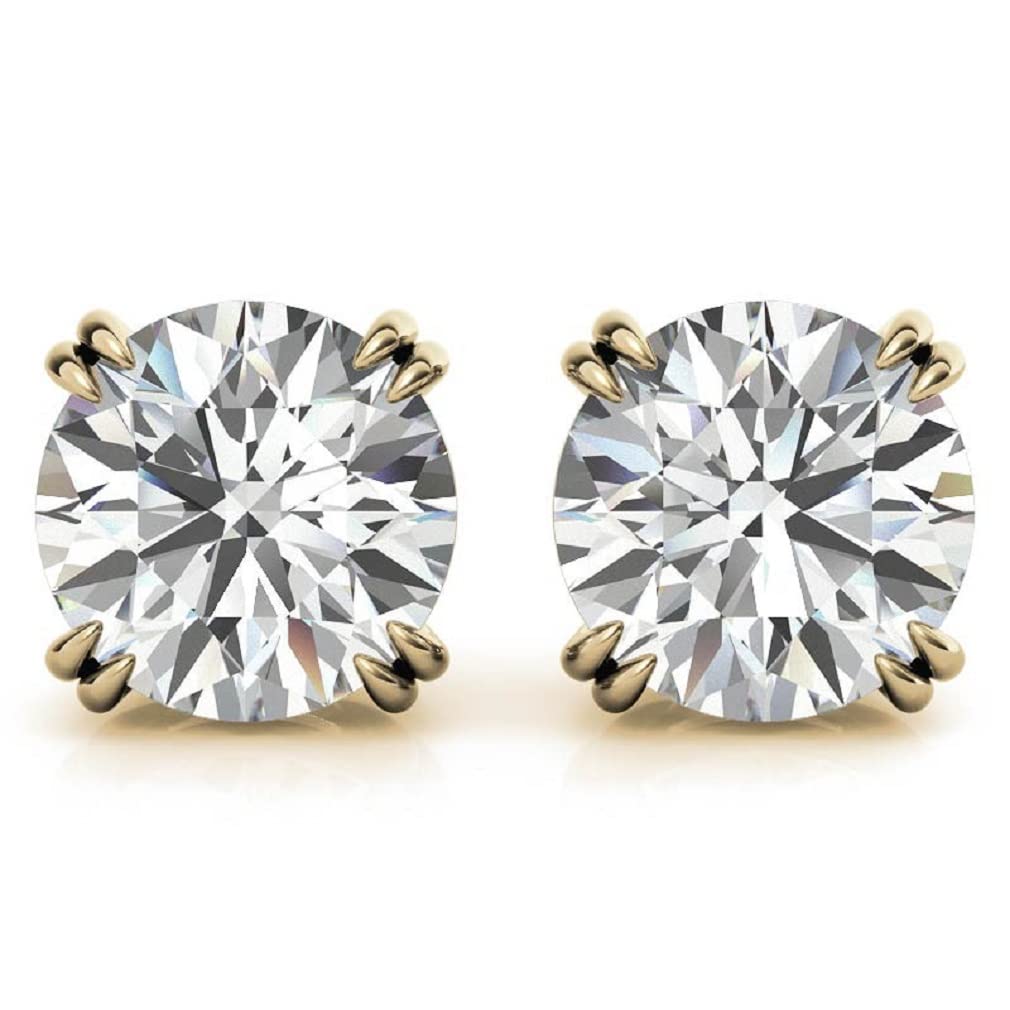 10K/14K/18K Solid Yellow Gold Handmade Stud Earrings with 3 TCW Round Cut Moissanite - Diamond Solitaire Anniversary Earrings for Women - Push/Screw Back Closure - Dual Prong Setting - Perfect for Engagement, Birthday Gifts & Everyday Elegance