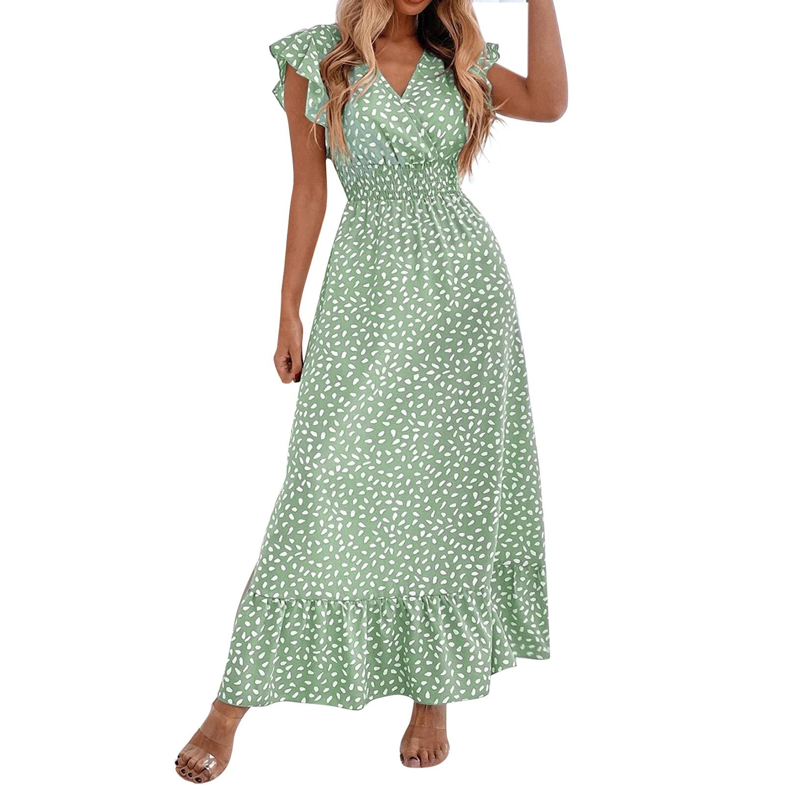 WANYNG Women's Maxi Dress with Ruffle Sleeves - Boho Beach Sundress for Summer, Long Flowy Midi Dress for Evening & Formal Occasions | Perfect for Vacations, Weddings & Date Nights