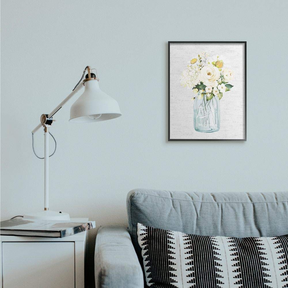 Stupell Industries Blue Jar Floral Bouquet Wall Art - 16x20 Black Framed Spring Flower Painting for Living Room, Bedroom & Office Decor | Designed by Lettered and Lined