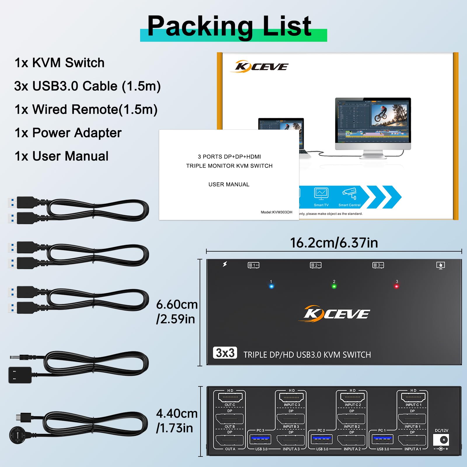 MLEEDA 3-in-1 KVM Switch for 3 Computers & 3 Monitors - 8K@60Hz 4K@144Hz HDMI+2 DisplayPort - Share 3 Monitors & 4 USB 3.0 Devices - Includes Wired Remote & 12V Power Adapter - Perfect for Multi-PC Workstations, Gaming Setups & Office Environments