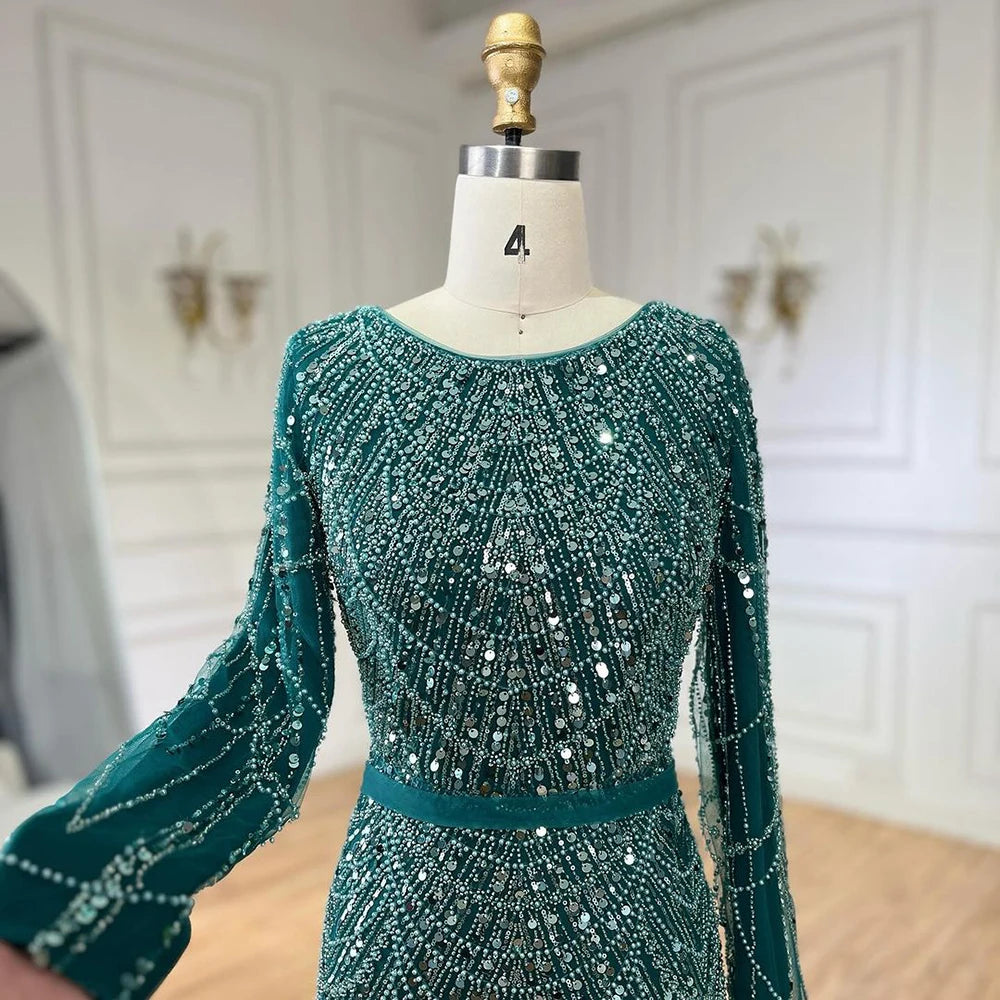 Luxury Green Beaded Mermaid Evening Dress for Muslim Women - Dubai Wedding Party Gown with Overskirt - Serene Hill LA72032D | Perfect for Formal Events, Bridal Showers & Special Occasions