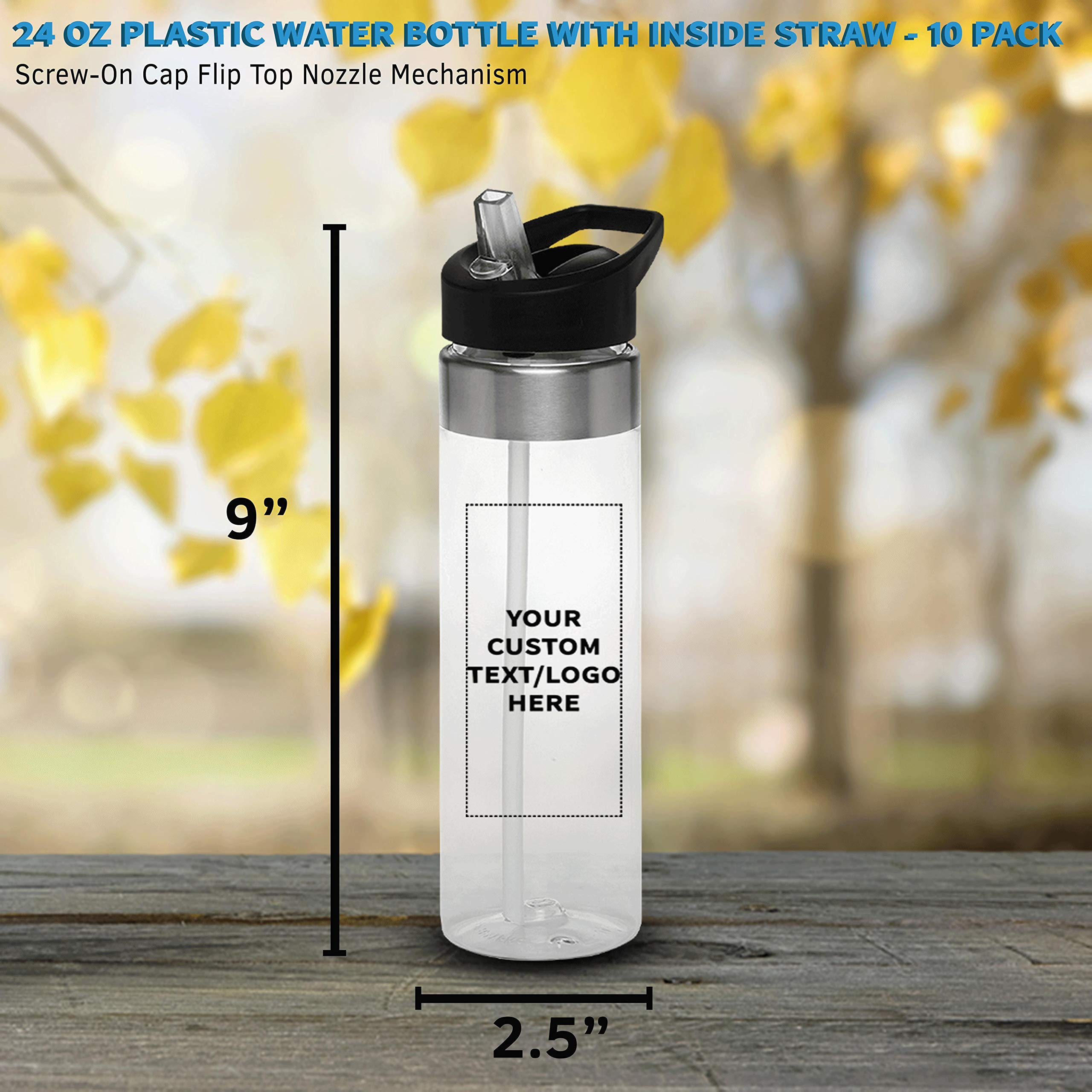 Custom 24 oz Plastic Water Bottle with Straw - 10 Pack BPA-Free Tritan Copolyester Bottles | Personalized Text, Flip Lid & Screw-On Cap | Slim Clear Design for Gym, Office & Outdoor Activities