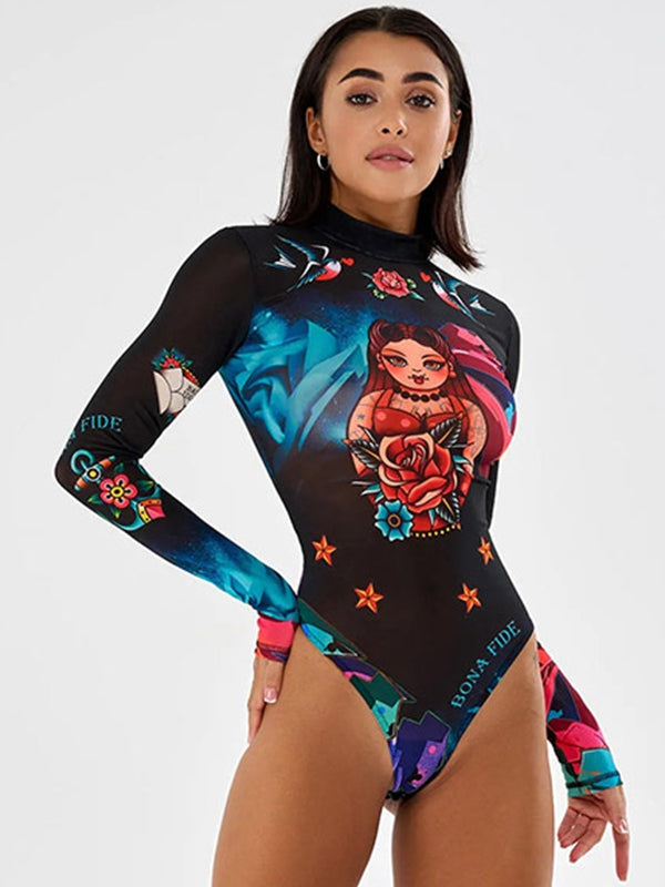 ZASUWA Women's Unique Halloween Print Bodysuit - Sexy Costume Bodysuit for Halloween Parties, Cosplay & Night Out