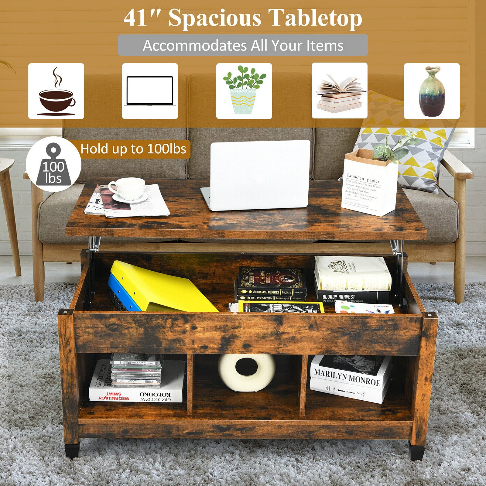 Lift Top Coffee Table with Hidden Storage Compartment & Display Shelves - Rustic Brown Retro Center Table for Living Room, Bedroom, Home & Office - Perfect for Tea Time, Dining, and Extra Storage Space