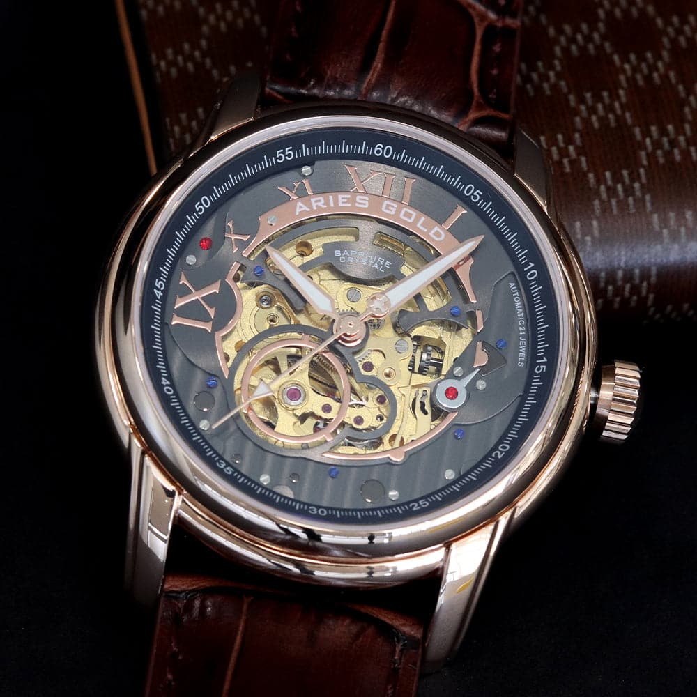 ARIES GOLD Automatic Infinum El Toro Men's Watch - Stainless Steel Case, Brown Leather Strap, Gold-Tone (G 9005G RG BK) | Luxury Dress Watch for Business, Formal Occasions & Gifts