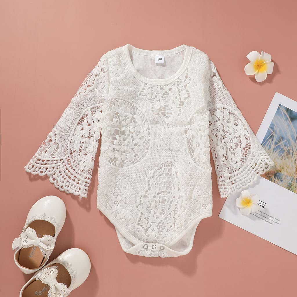 Newborn Baby Girls 2-Piece Outfit Set - Lace Long Sleeve Romper & Ripped Denim Jeans | Cute Infant Clothing for Photoshoots, Parties & Daily Wear