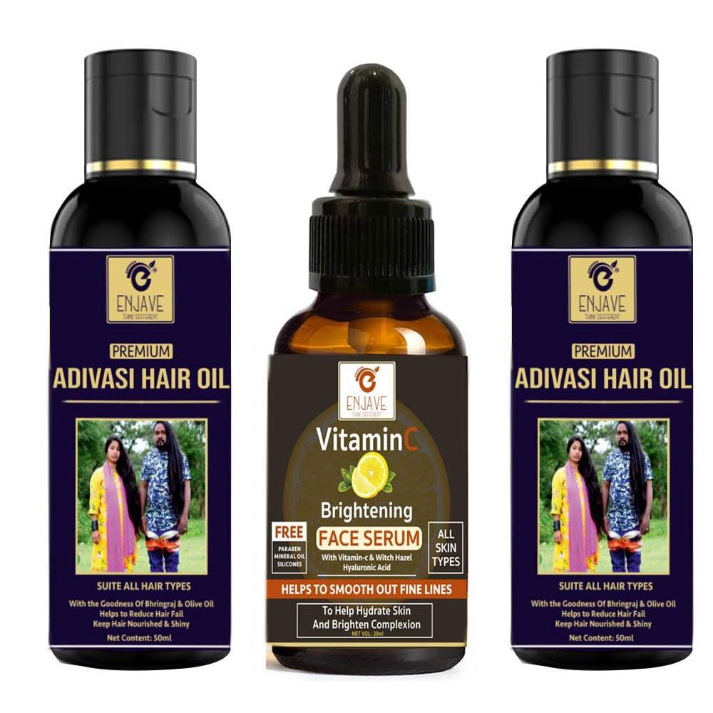 Enjave Vitamin C Brightening Face Serum & Adivasi Natural Hair Growth Oil - Pack of 3 | Anti-Aging Skincare & Hair Care Combo for Glowing Skin & Stronger Hair