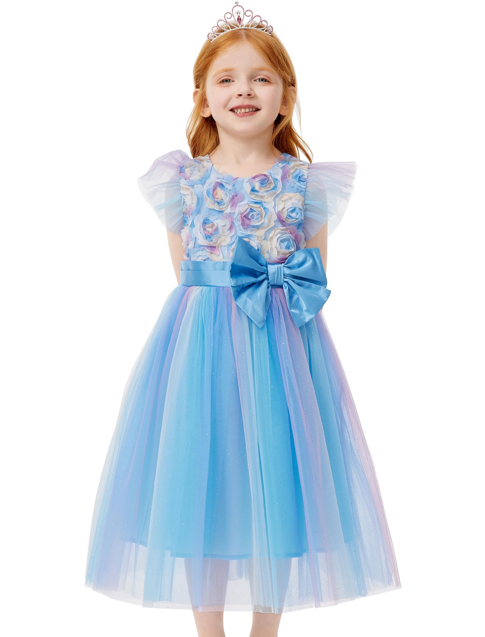 Girls Floral Dress with Flutter Sleeves - Rainbow Mesh Tulle Princess Party Dress with Bowknot | Perfect for Weddings, Birthday Parties & Special Occasions