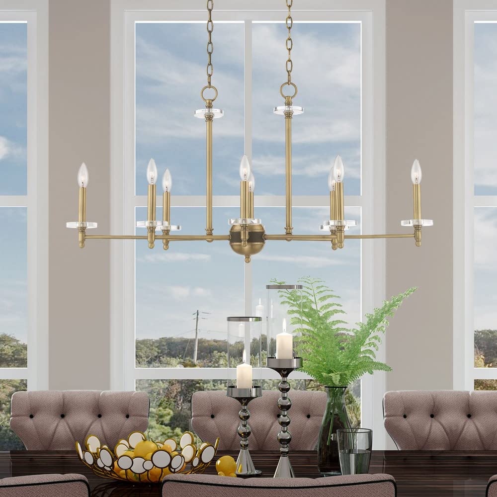 Livex Lighting 42708-01 Bancroft 8-Light Linear Chandelier with Clear Bobeche Crystals in Antique Brass Finish - Perfect for Dining Room, Foyer, or Luxury Home Decor