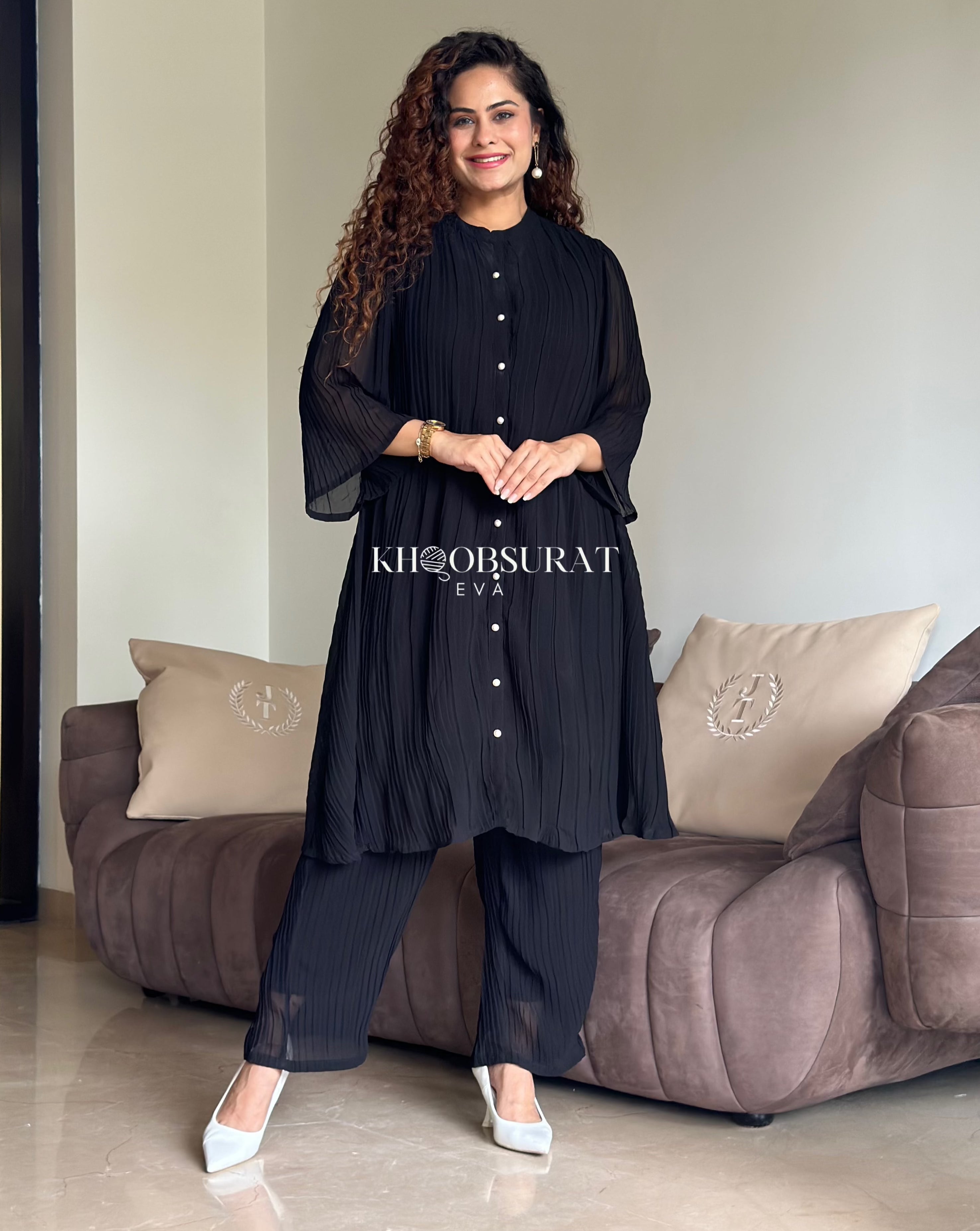 Elegant Black Chiffon Pearl Embellished Co-Ordinate Set for Women | Formal Evening Wear & Special Occasion Outfit
