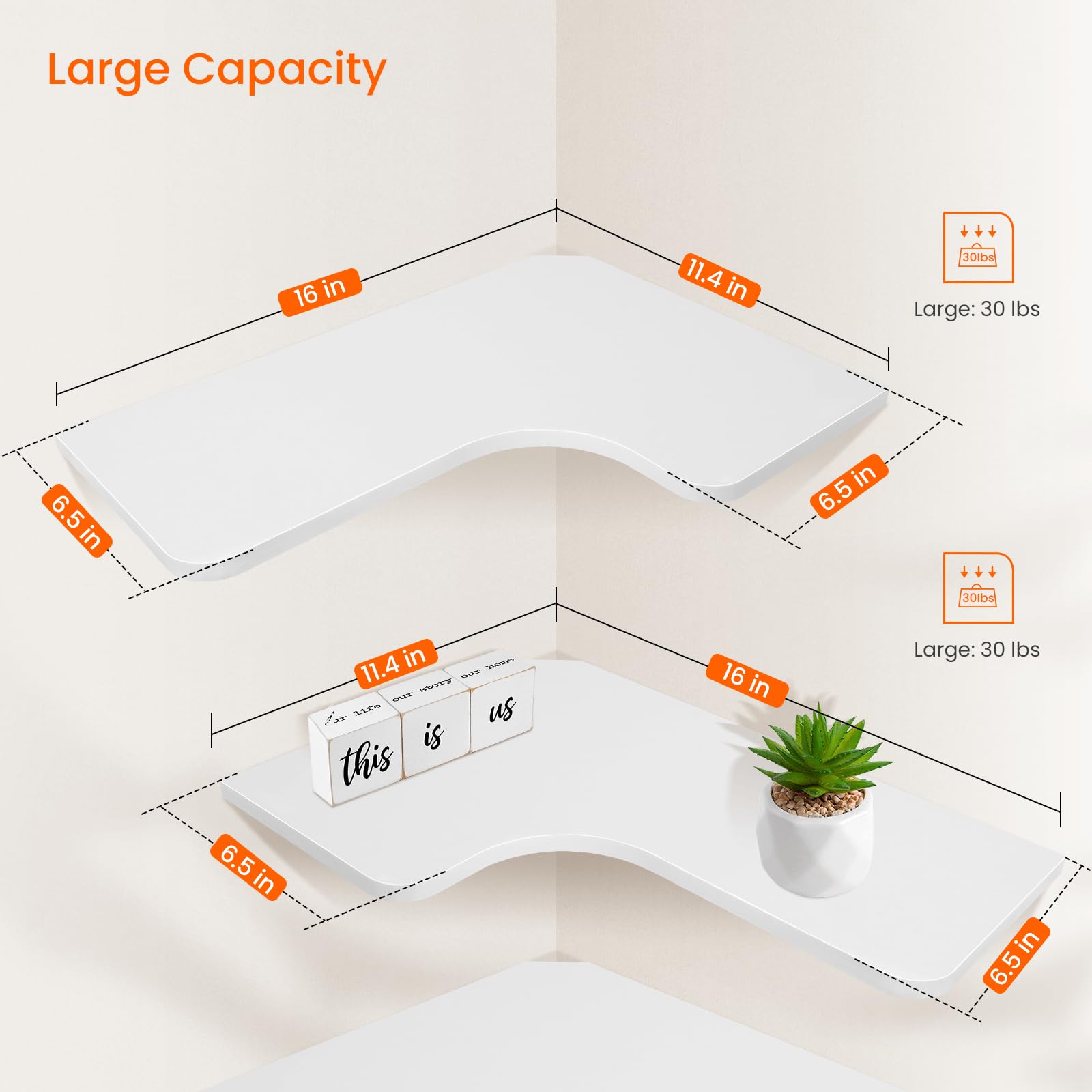 Homode 3-Pack Corner Floating Shelves - L-Shaped Wood Wall Shelves with Wire Hole for Bathroom, Kitchen, Bedroom - White - Perfect for Organizing Toiletries, Spices & Decor Items