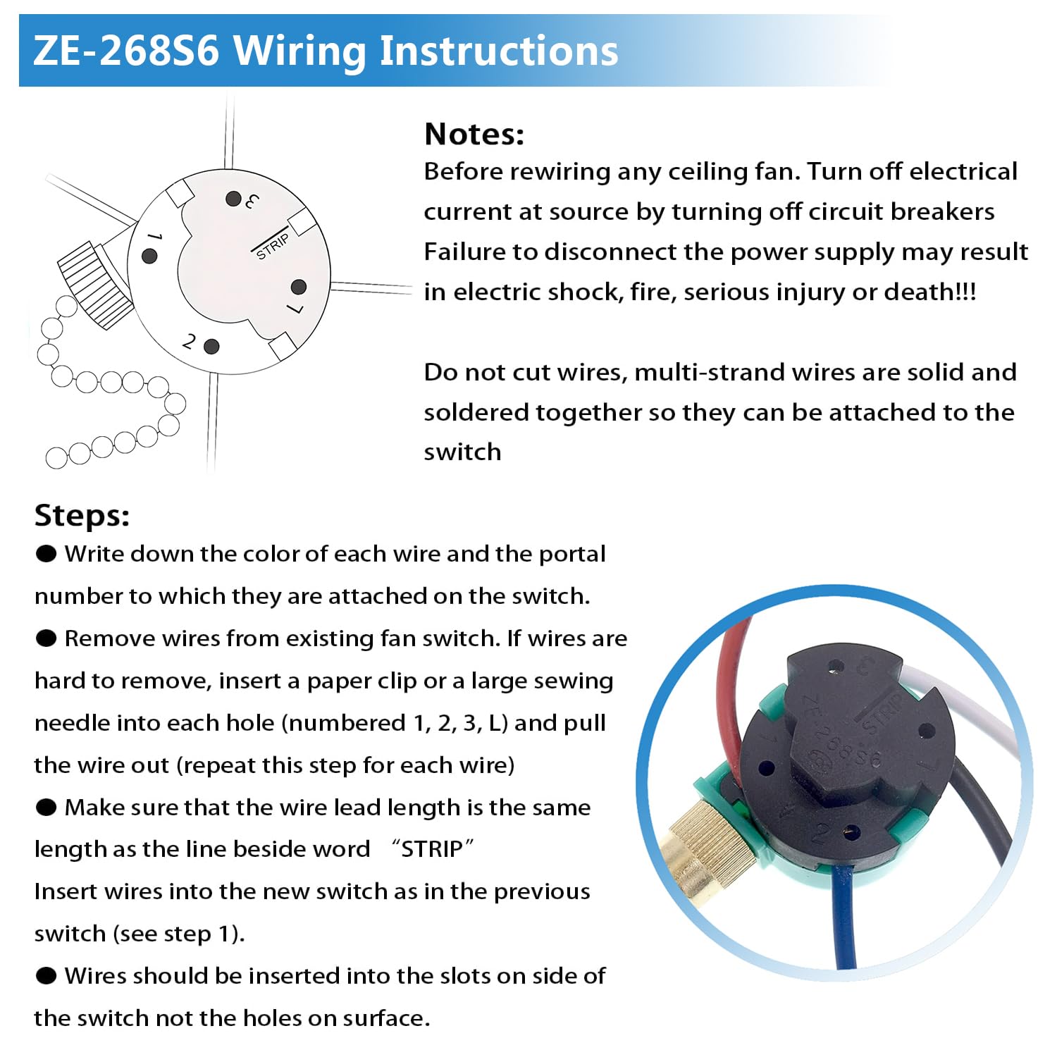 3-Speed 4-Wire Ceiling Fan Switch ZE-268S6 - Compatible with Hunter Ceiling Fans, Lamps & Wall Lights - Nickel Pull Chain Control - Perfect for Bedroom, Living Room & Office Fan Replacement