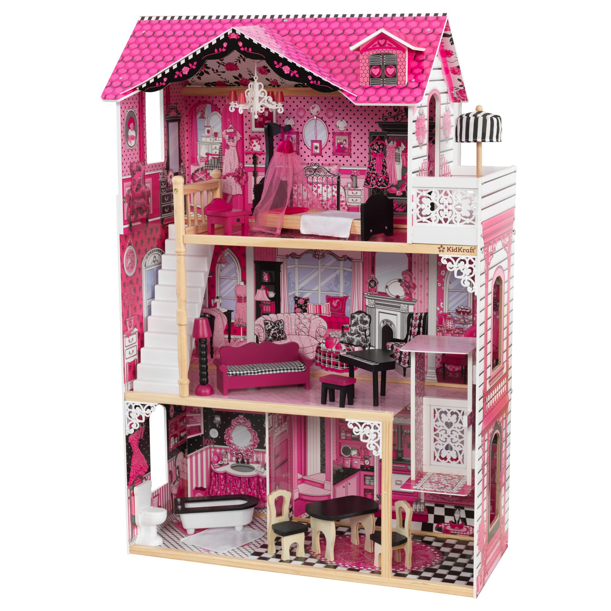 KidKraft Amelia Wooden Dollhouse with Elevator & Balcony - 15-Piece Furniture Accessories Set, Pink Playhouse for Girls Ages 3+ | Perfect for Pretend Play, Birthday Gifts & Nursery Decor