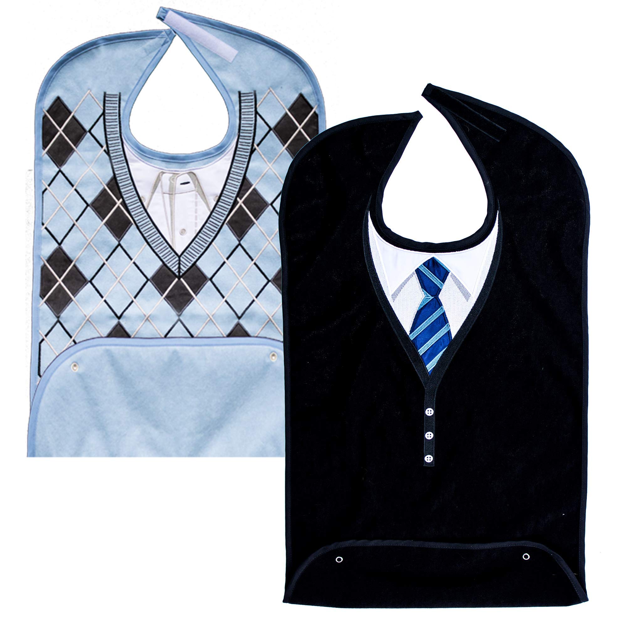 **Men's Waterproof Reusable Adult Bibs - Terry Cloth Crumb Catcher with Embroidered Design (Argyle Sweater + Blue Tie) - Ideal for Seniors & Eating Protection - Perfect for Dining, Travel & Mealtime Comfort**
