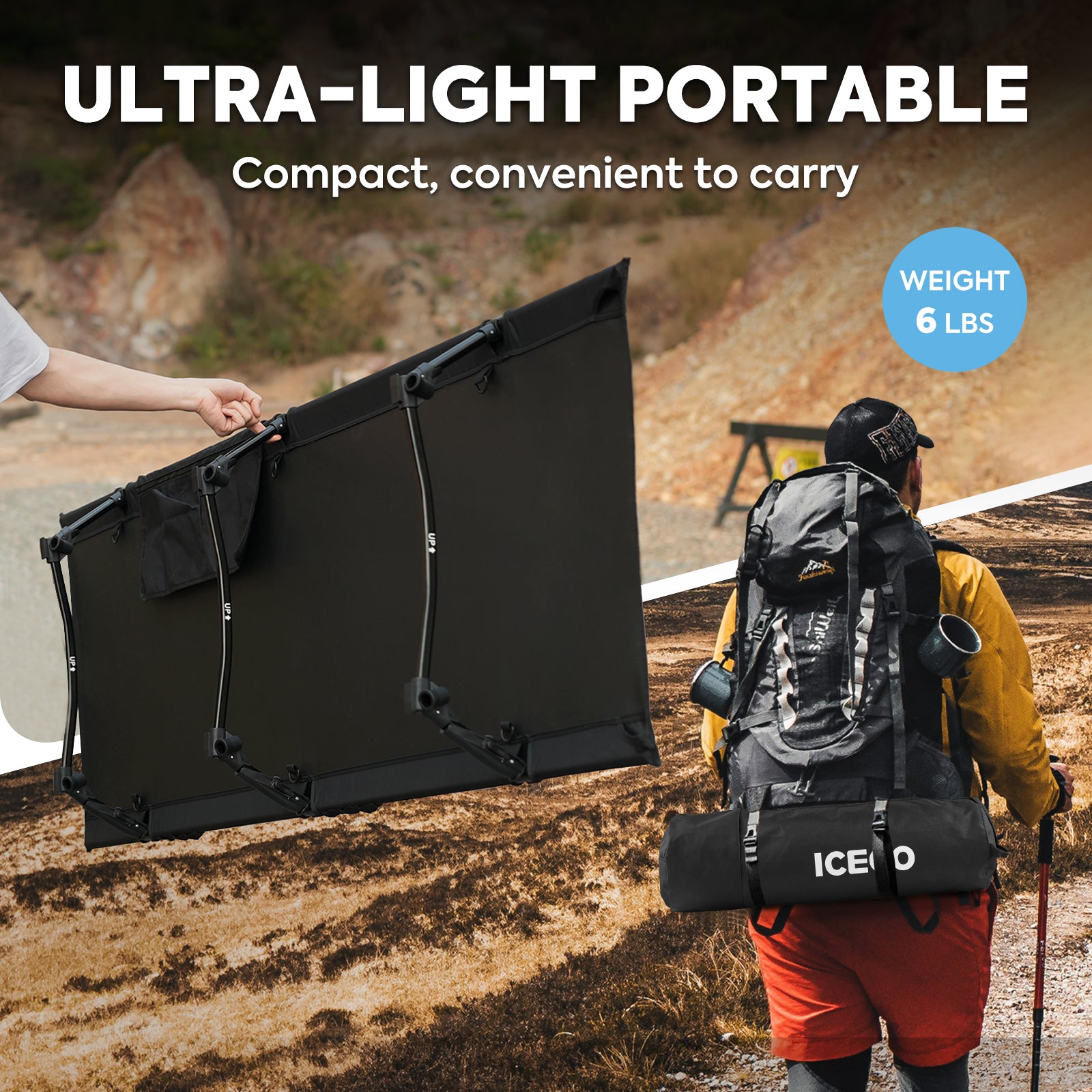 ICECO Portable L Size Camping Cot - Lightweight Folding Bed for Outdoor Camping, Hiking & Travel - Perfect for Backpacking, Beach Trips & Emergency Use
