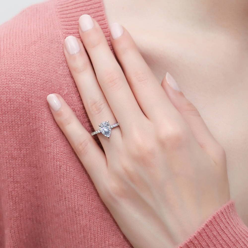 BERRICLE Sterling Silver Solitaire Wedding & Engagement Ring - 1.8 Carat Pear Cut Cubic Zirconia CZ Hidden Halo Promise Ring for Women, Rhodium Plated Size 4-10 - Perfect for Proposals, Anniversaries & Special Occasions