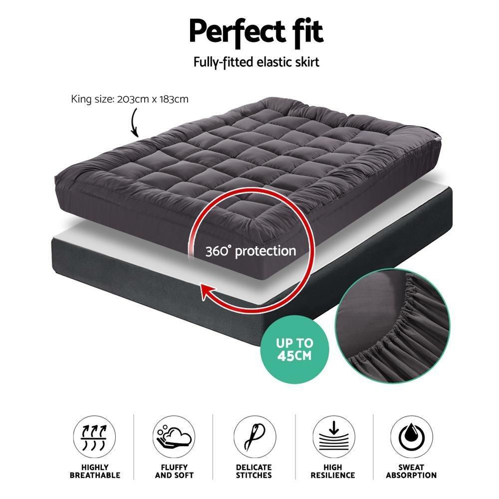 King Size Mattress Topper - 1000GSM Pillowtop with Charcoal Microfiber & Bamboo Fiber Filling - Cooling Mattress Protector for Back Pain Relief - Perfect for Hot Sleepers & Allergy Sufferers