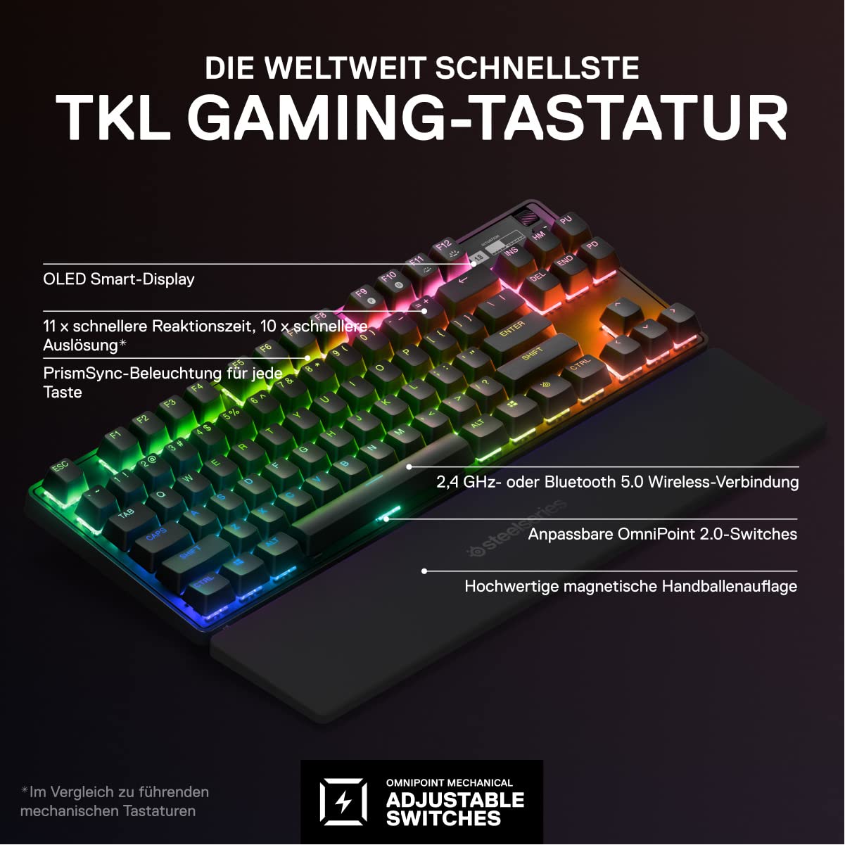 SteelSeries Apex Pro TKL Wireless Mechanical Gaming Keyboard - HyperMagnetic Switches - Customizable Actuation - PBT Keycaps - Bluetooth & 2.4GHz Wireless - USB-C - QWERTY Layout - Perfect for Esports, Streaming & Competitive Gaming