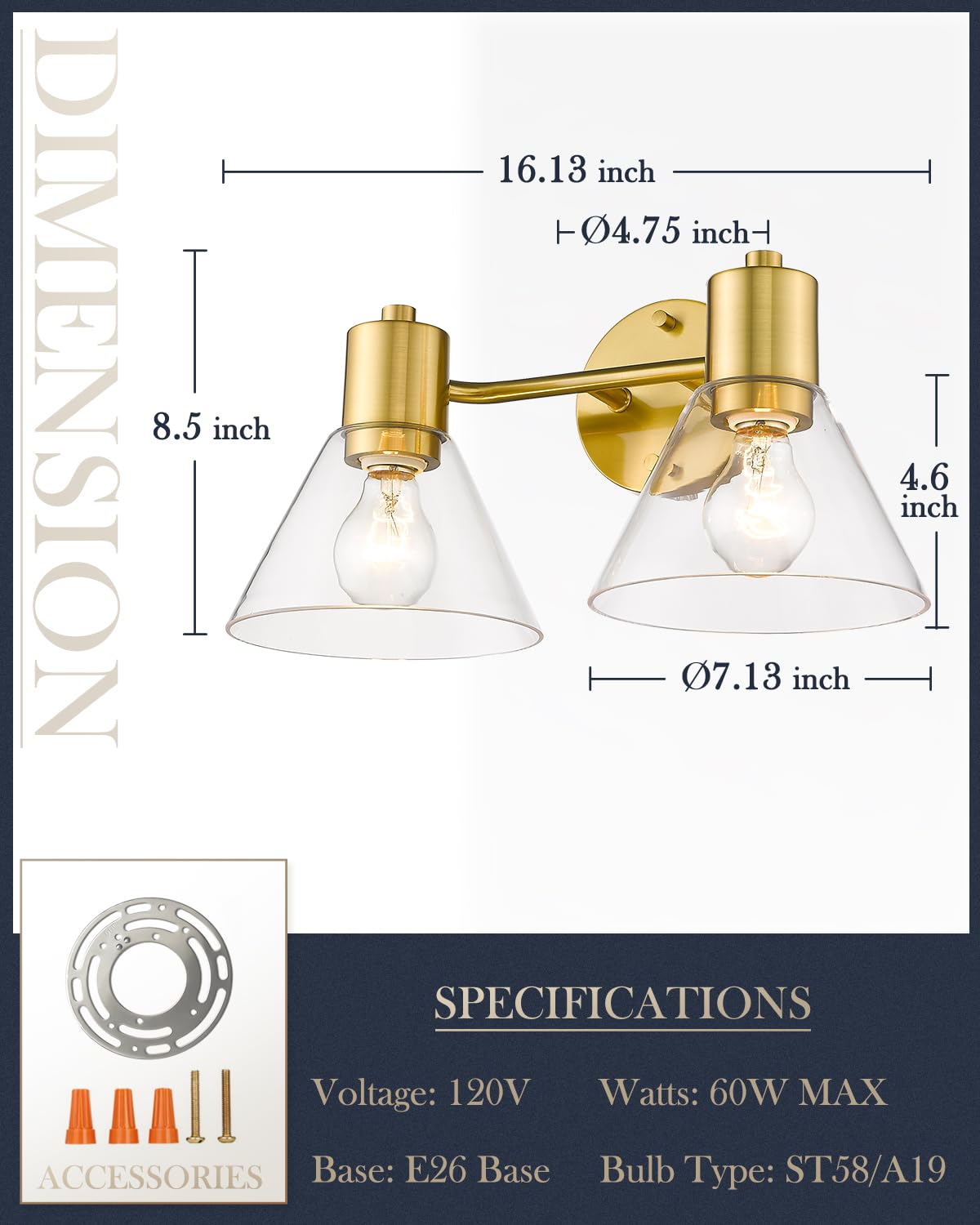 LMS Gold Bathroom Vanity Light Fixtures - 2 Light Modern Bathroom Sconce with Clear Glass Shade, LMS-100 - Perfect for Bathroom, Powder Room, and Dressing Room Lighting