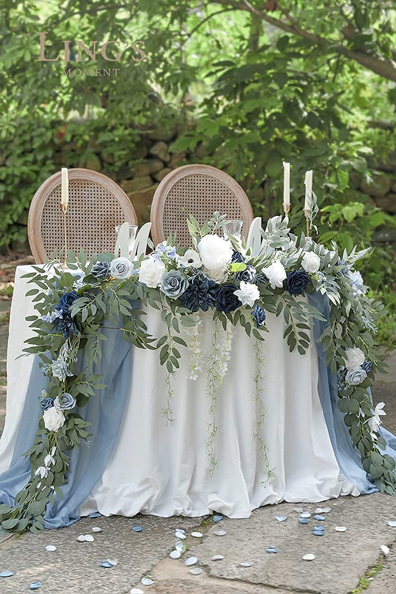 Ling's Moment 9FT Wrinkle-Free Wedding Table Skirt & Backdrop Curtains Set - 2 Panels 5ft x 10ft with 9FT Eucalyptus Willow Leaf Garland - Perfect for Wedding Decor, Bridal Shower, Baby Shower & Party Backdrops