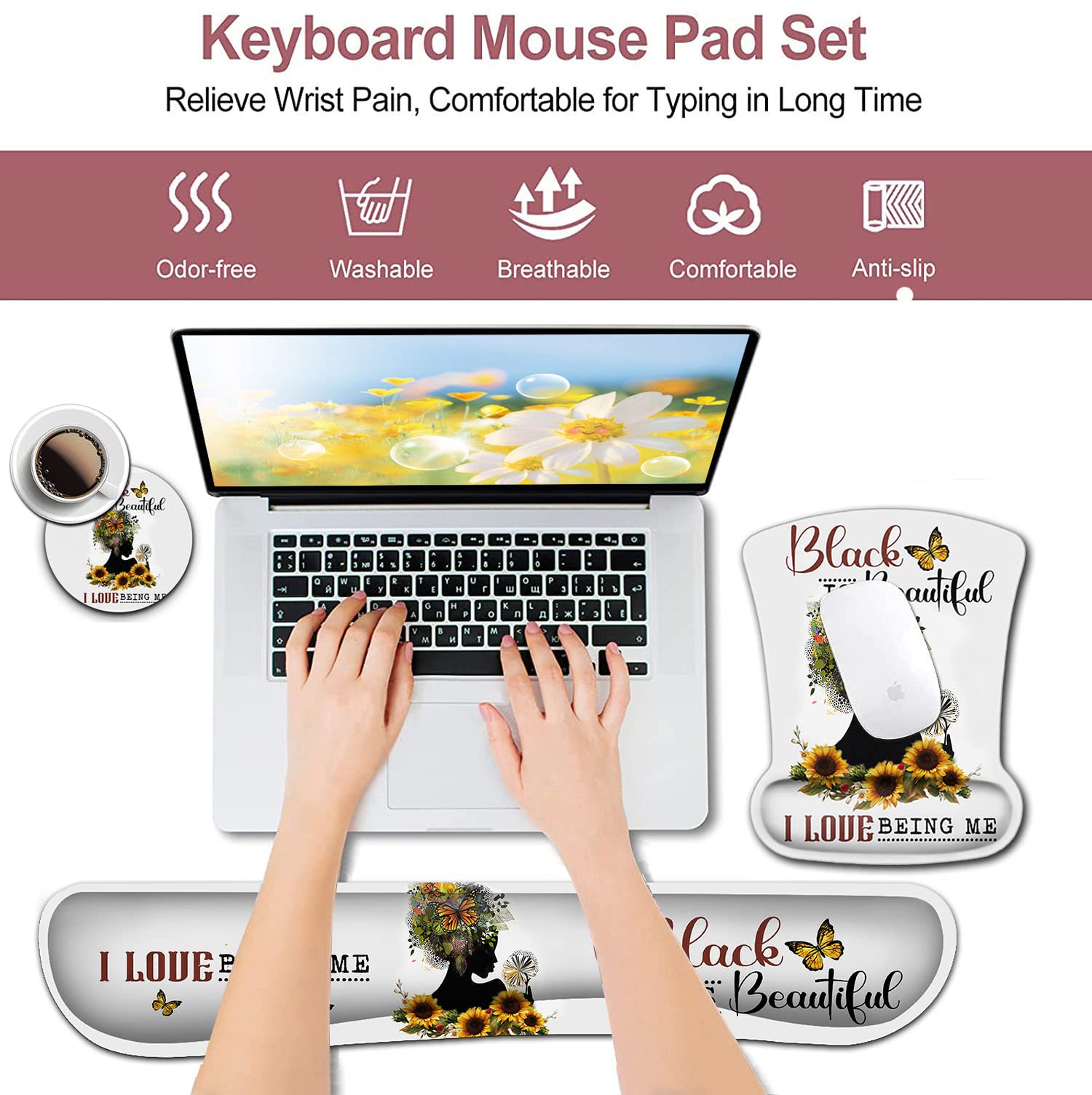 Premium White Mouse Pad with Stitched Edge & Non-Slip Rubber Base - Butterfly Faith Art & Sunflower Design - Office Accessories & Computer Desk Decor - Includes Wrist Rest & Keyboard Wrist Guard Set - Perfect for Home Office, Gaming Setup & Workstation Ergonomics