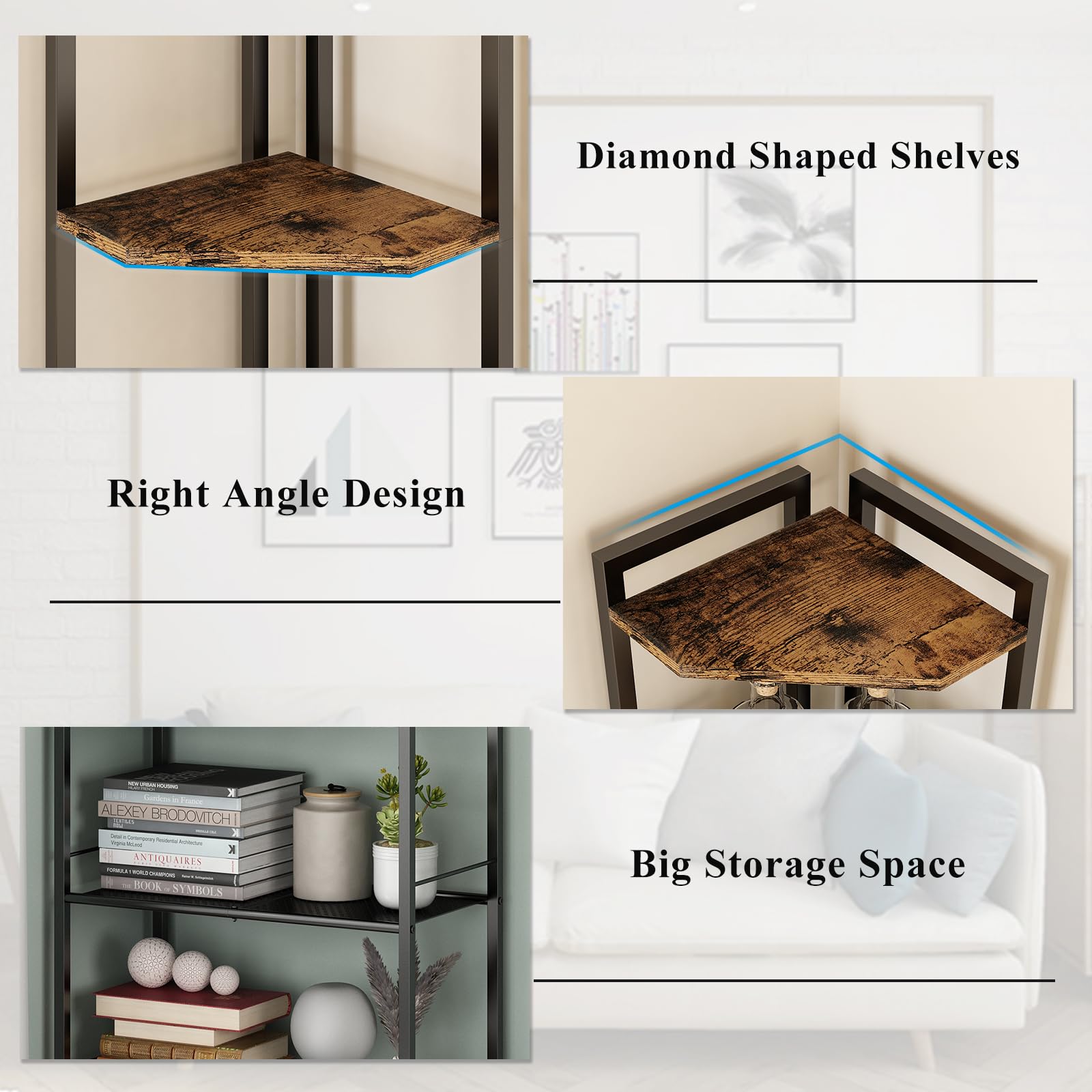 GILLAS 5-Tier Metal Corner Bookshelf - Freestanding Tall Storage Shelf Organizer for Living Room, Bedroom, Office - Rustic Industrial Style Space-Saving Solution | Perfect for Small Apartments & Home Decor