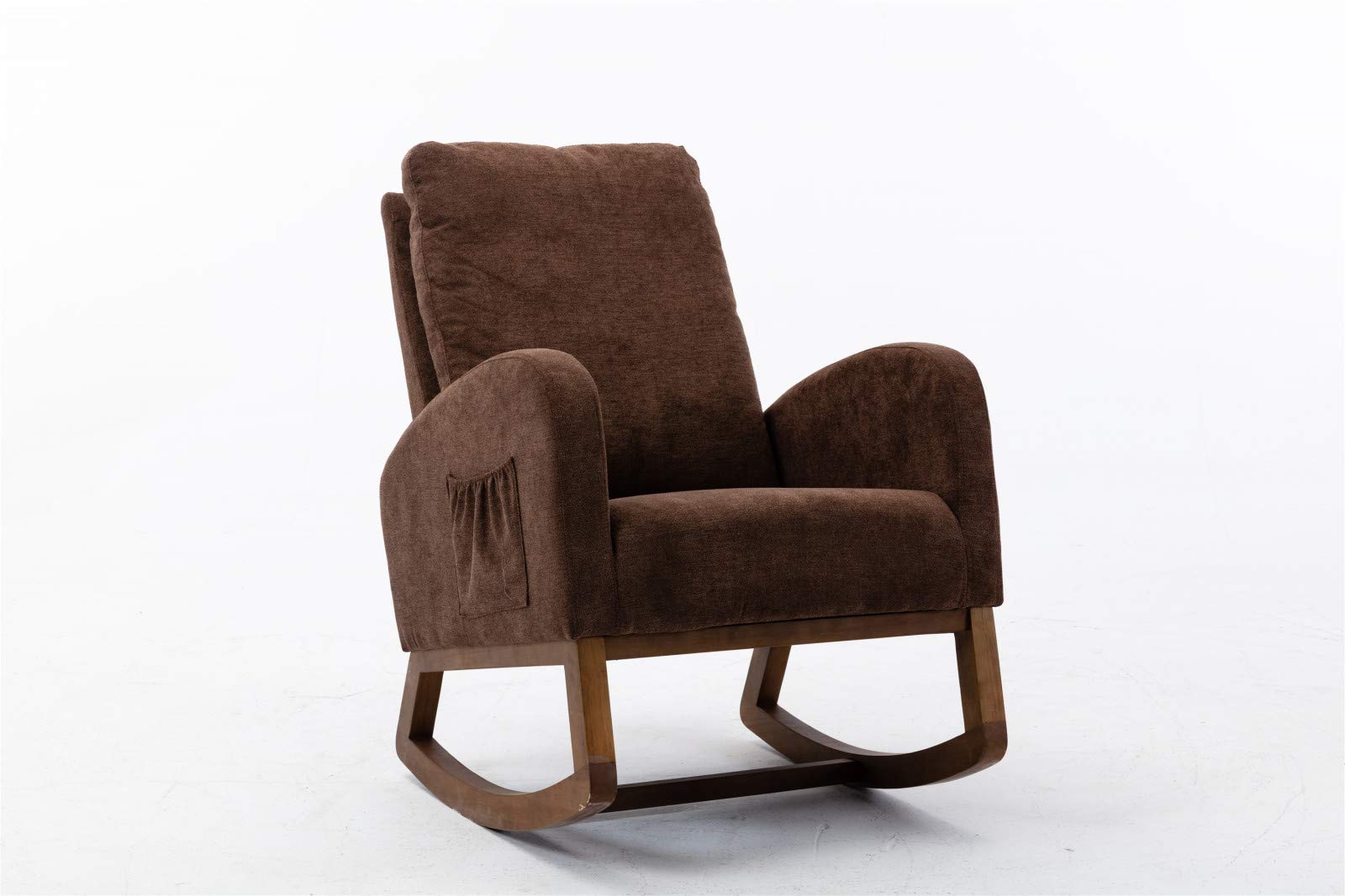 Mokylor Upholstered Rocking Chair - High Back Wooden Armchair with Padded Seat & 2 Side Pockets, Multifunctional Recliner for Living Room, Bedroom, Home Office - Perfect for Relaxing, Reading & Nursing