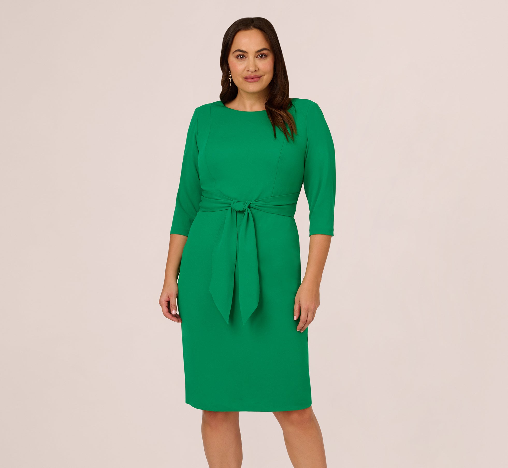 Plus Size Knit Crepe Bow Sheath Dress with 3/4 Sleeves in Vivid Green - Elegant Women's Formal Dress for Office, Wedding & Special Occasions