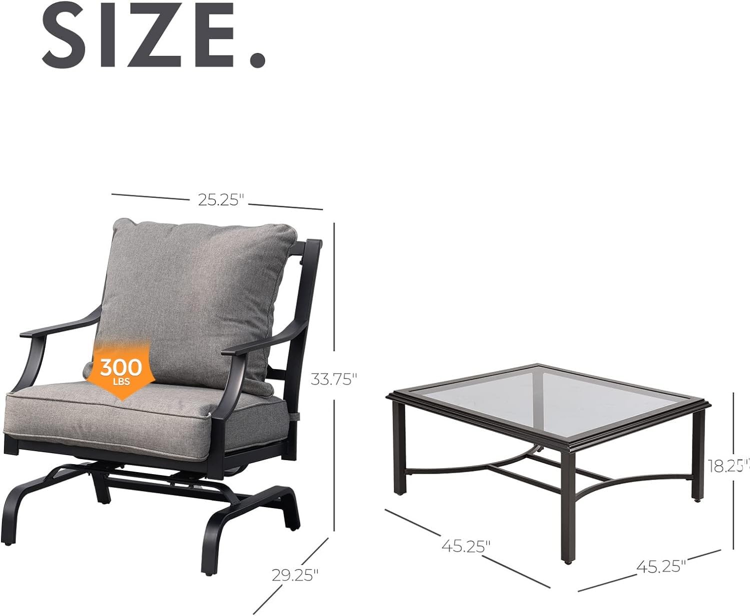 5-Piece Outdoor Patio Furniture Set with Motion Rocking Chairs & Coffee Table - Olefin Gray Cushions - Perfect for Porch, Backyard, Garden or Poolside Relaxation