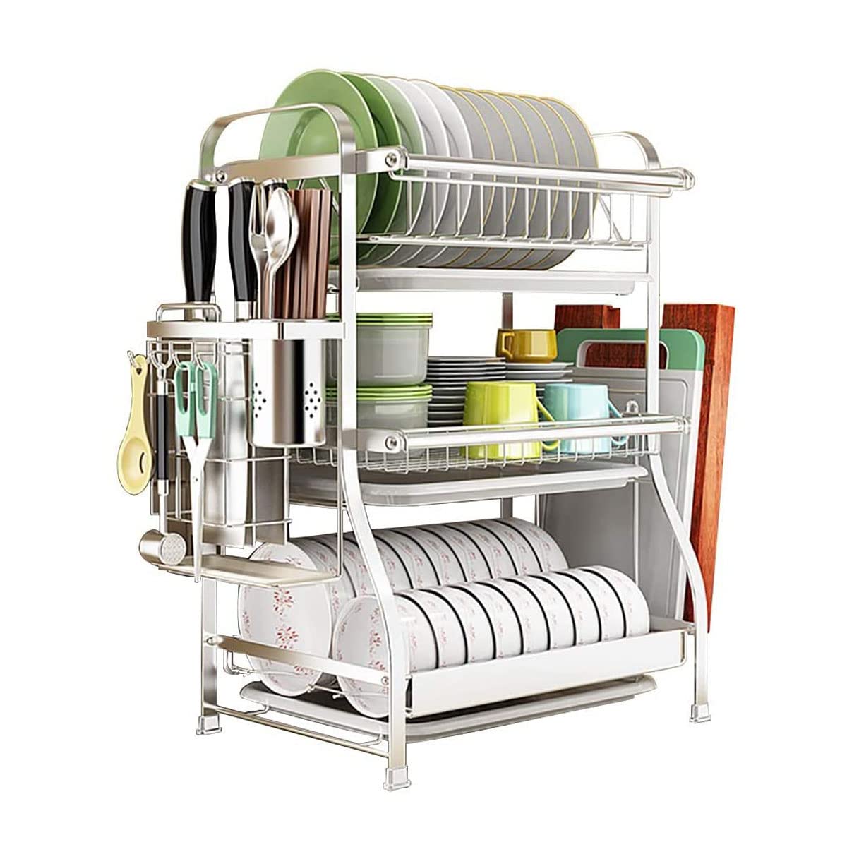 3-Tier Chrome Dish Rack with Utensil Holder - Stainless Steel Kitchen Organizer with Drain Board & Cutting Board Bracket - Space Saving Countertop Solution for Small Kitchens, Apartments & Dorm Rooms