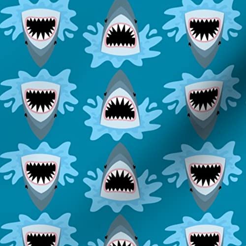 Cute Summer Shark Pattern Blue Cotton Fabric by Spoonflower - Funny Boys Beach Vacation Teeth Kids Printed on Petal Signature Cotton - Fat Quarter for Sewing, Quilting, Apparel, Crafts & Home Decor | Perfect for DIY Projects, Kids Clothing, and Beach-Themed Decorations