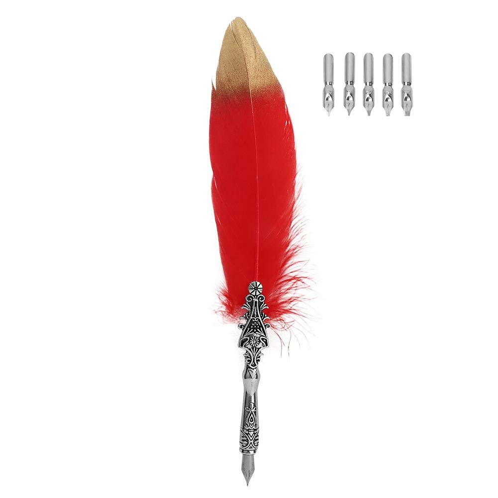 Vintage European Style Feather Quill Pen for Calligraphy - 5 Alloy Nibs, Elegant Writing Instrument for Lettering, Office & Stationery Gifts (Red) | Perfect for Wedding Invitations, Scrapbooking & Artistic Writing