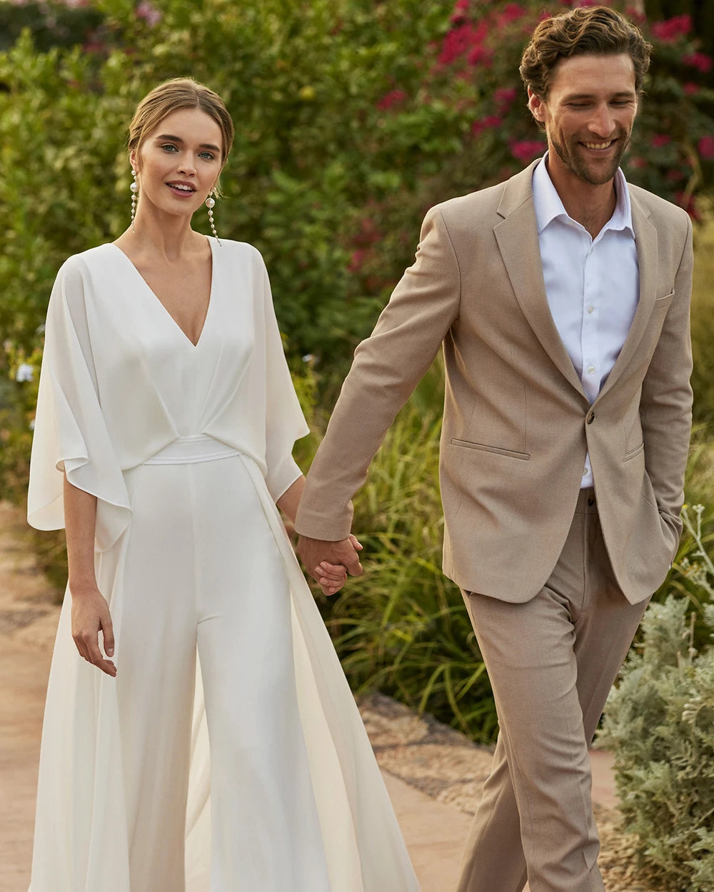 Elegant White Wedding Pantsuit for Women - V Neck 3/4 Sleeve Backless Jumpsuit | Perfect for Bridal Shower, Engagement Party & Formal Events