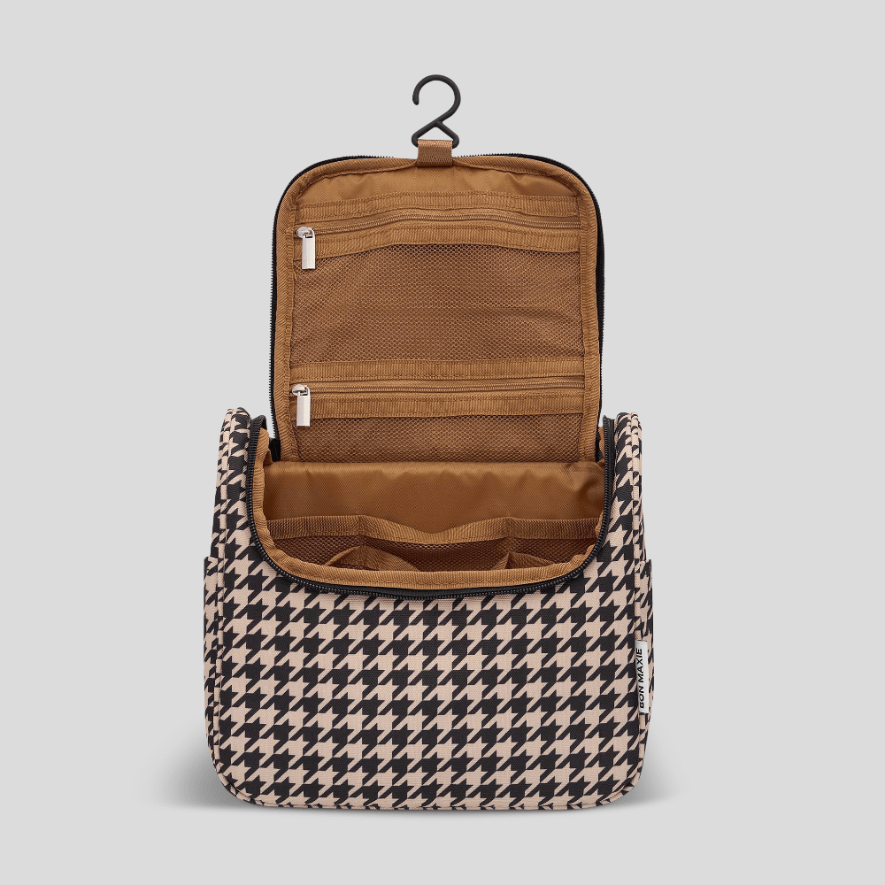 Bon Voyage Travel Toiletry Bag - Black Houndstooth Pattern Cosmetic Organizer for Women & Men | Perfect for Airplane Carry-on, Gym, Camping & Business Trips