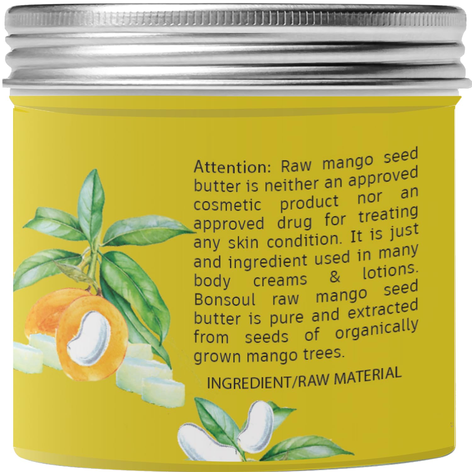 BONSOUL Organic Raw Unrefined Mango Seed Butter for Dry Skin - 100% Natural Hand & Body Moisturizer - 3.5oz Glass Jar - Perfect for DIY Skincare, Hair Care & Massage Therapy