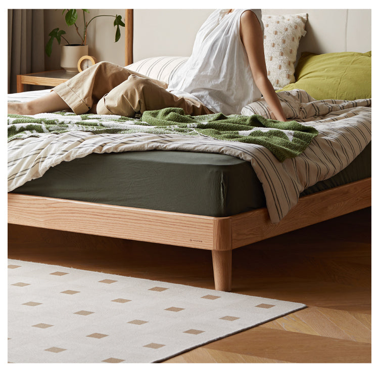 Premium Solid Oak Wood Bed Frame with Genuine Leather Headboard & Tech Fabric Upholstery - Modern Bedroom Furniture for Master Suite, Guest Room, or Apartment