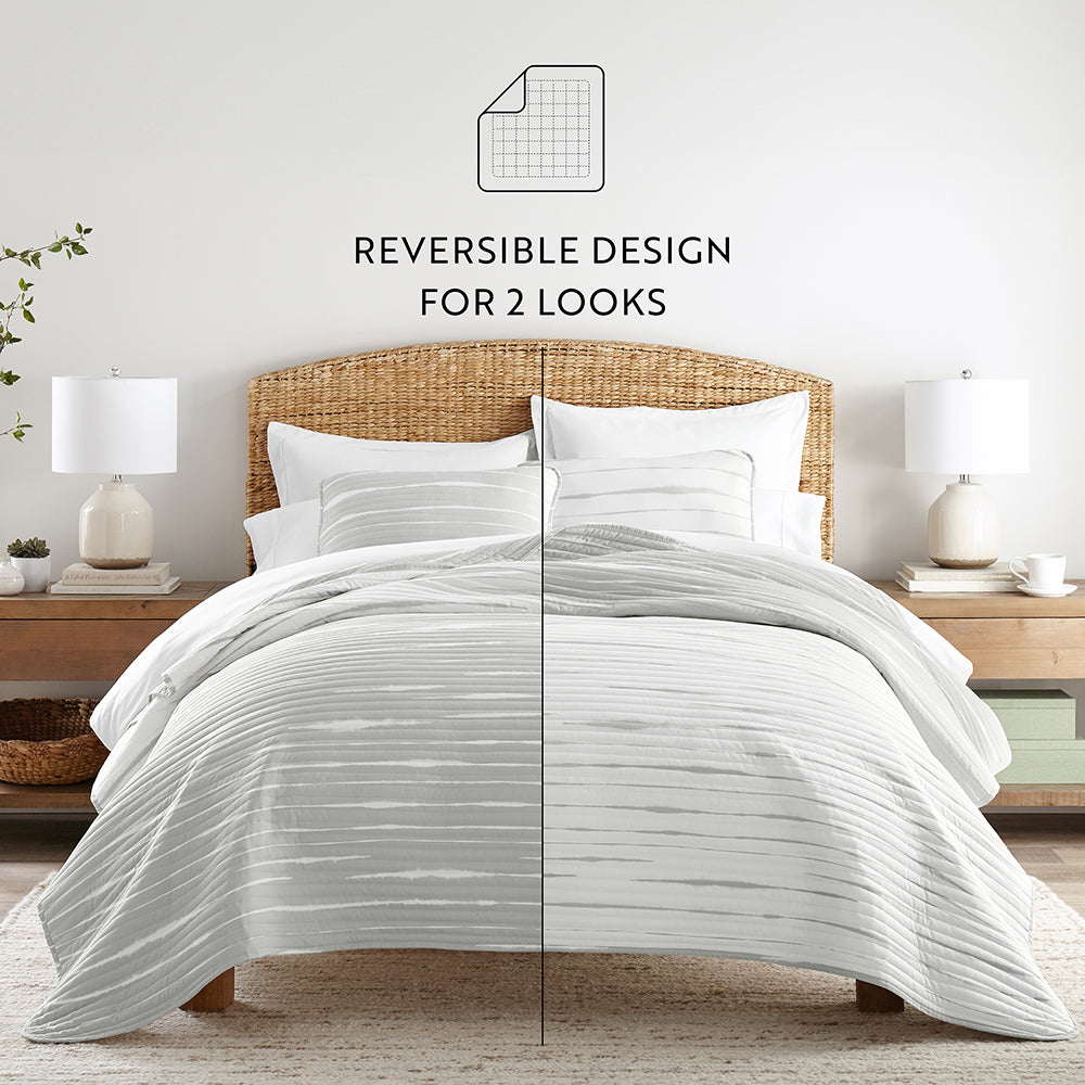 Horizon Lines Reversible Quilted Coverlet Set - Queen Size Bedspread with Matching Shams | Cozy All-Season Bedding for Master Bedroom or Guest Room