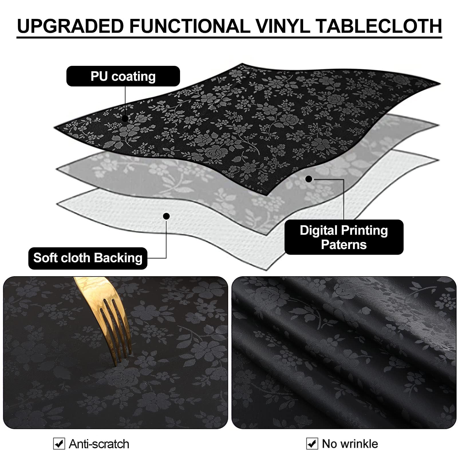Smiry Waterproof Heavy Duty Vinyl Tablecloth - Wipeable Washable Rectangle Table Cover for Kitchen, Dining Room, Outdoor Picnics & Parties (Black, 60