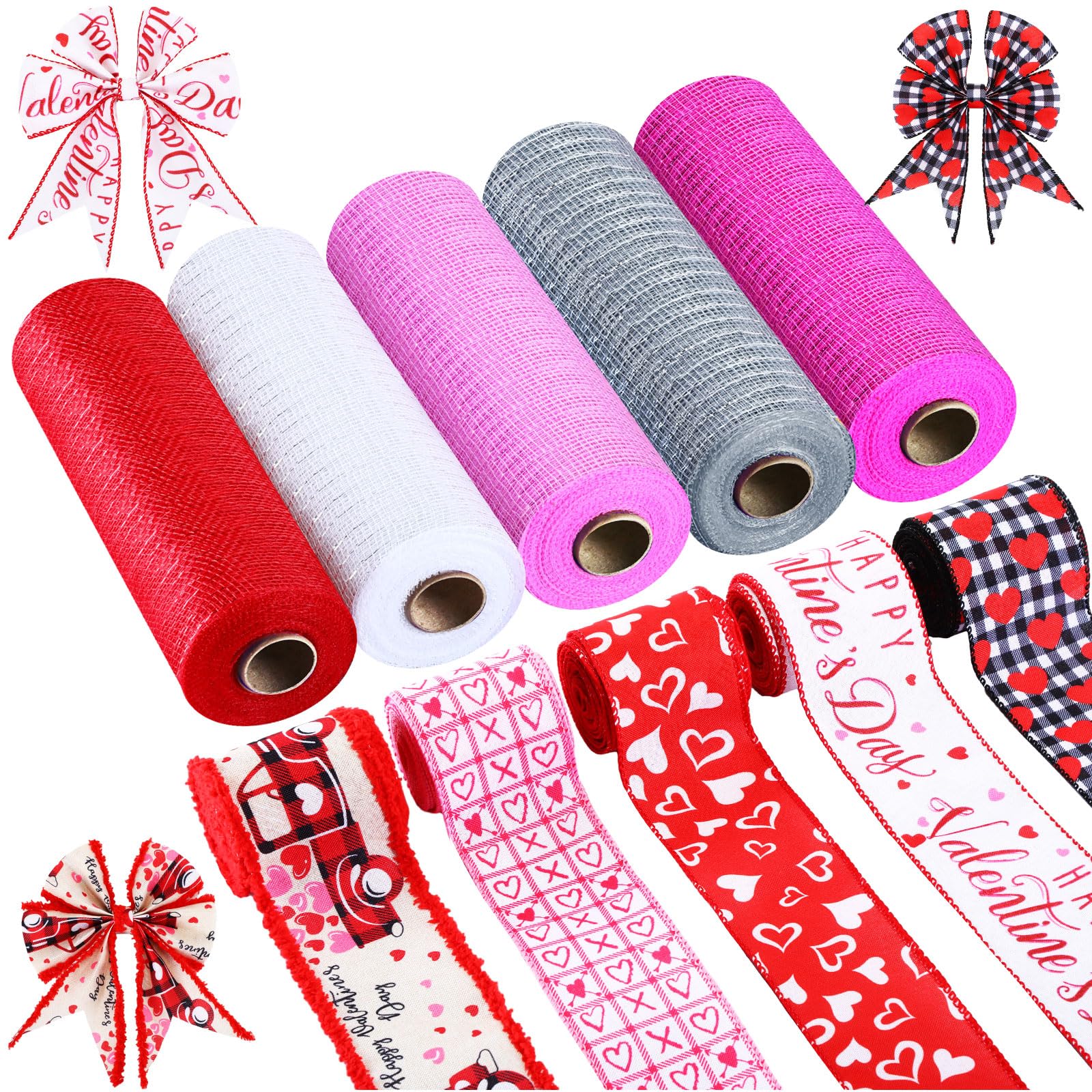 10 Rolls Valentine's Day Ribbon Set - 5 Poly Mesh & 5 Wired Edge Ribbons in Red & Pink Heart Patterns for DIY Wedding Wrapping, Bow Making, Wreath Crafts - Perfect for Valentine's Decor, Gift Wrapping & Party Supplies